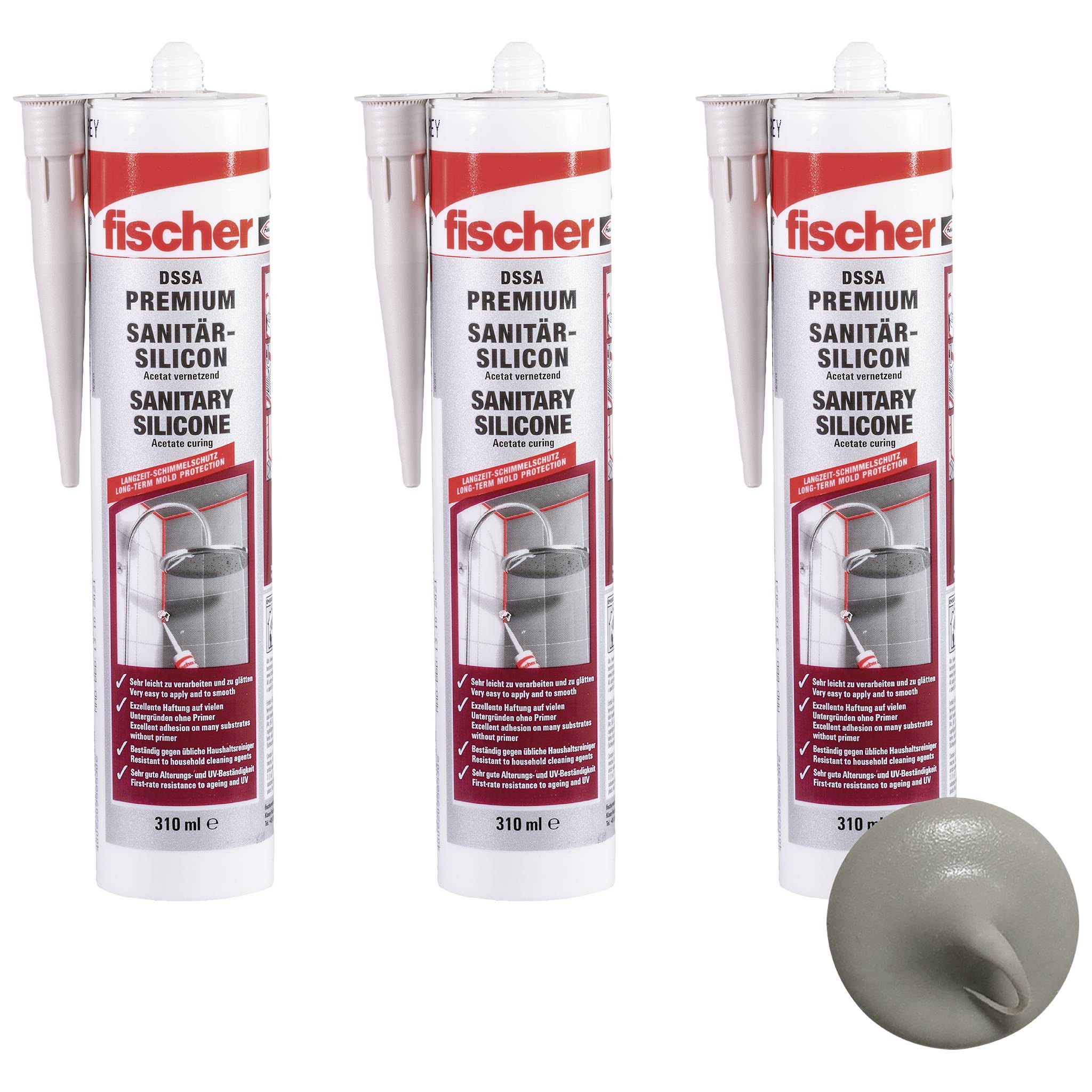Drei Fischer Premium Sanitär-Silikon-Kartuschen, je 310 ml, gezeigt mit einer grauen Dichtstoff-Probe.