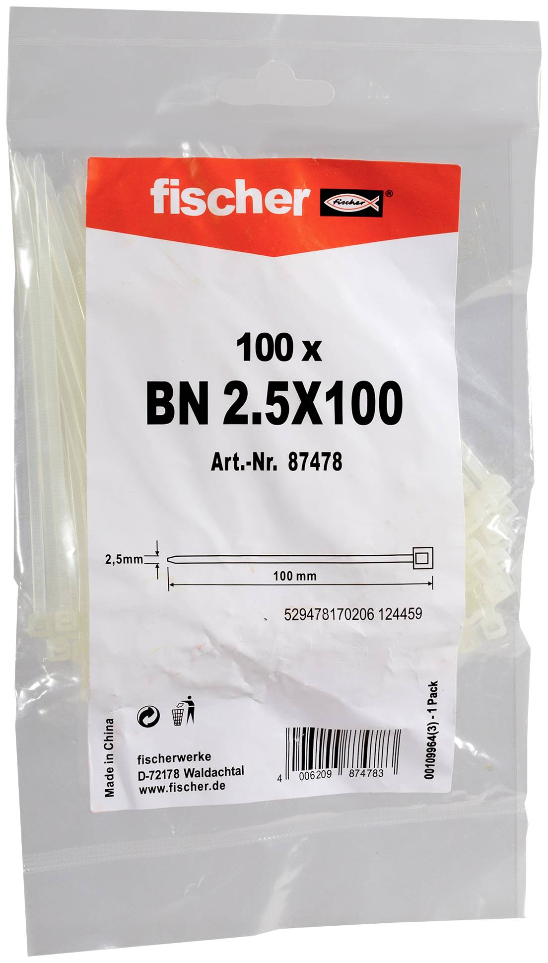 Paket Fischer BN 2,5x100 Kabelbinder, 100er-Pack, mit Produktnummer 87478 und 100 mm Länge auf dem Etikett dargestellt.