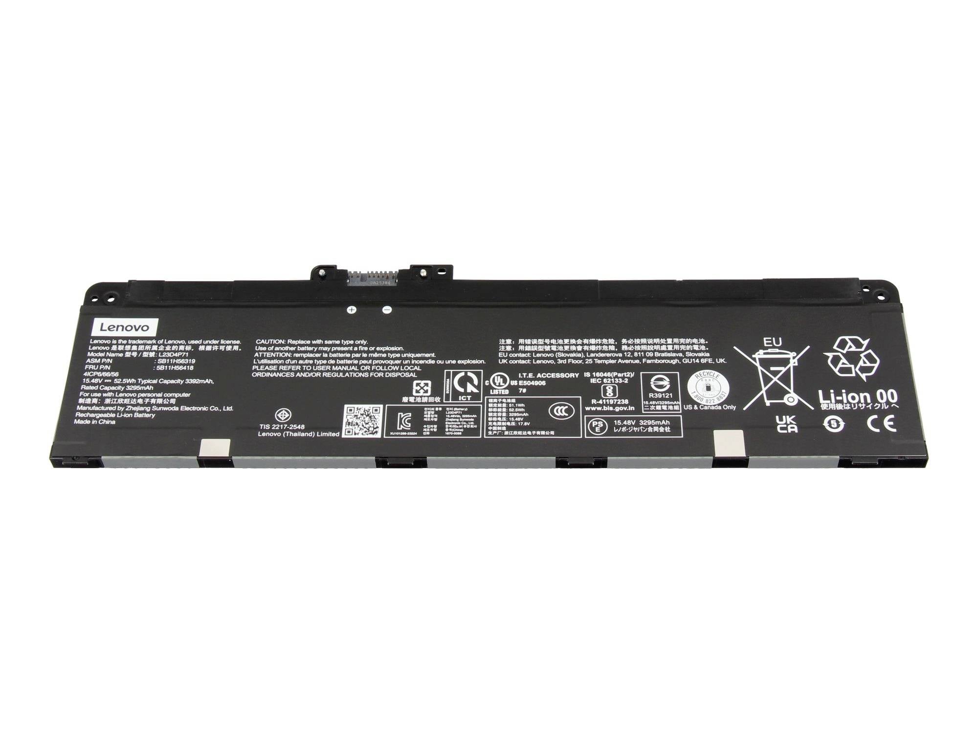 Lenovo-Laptop-Batteriepack auf weißem Hintergrund dargestellt, mit sichtbaren Modell- und Sicherheitsetiketten.