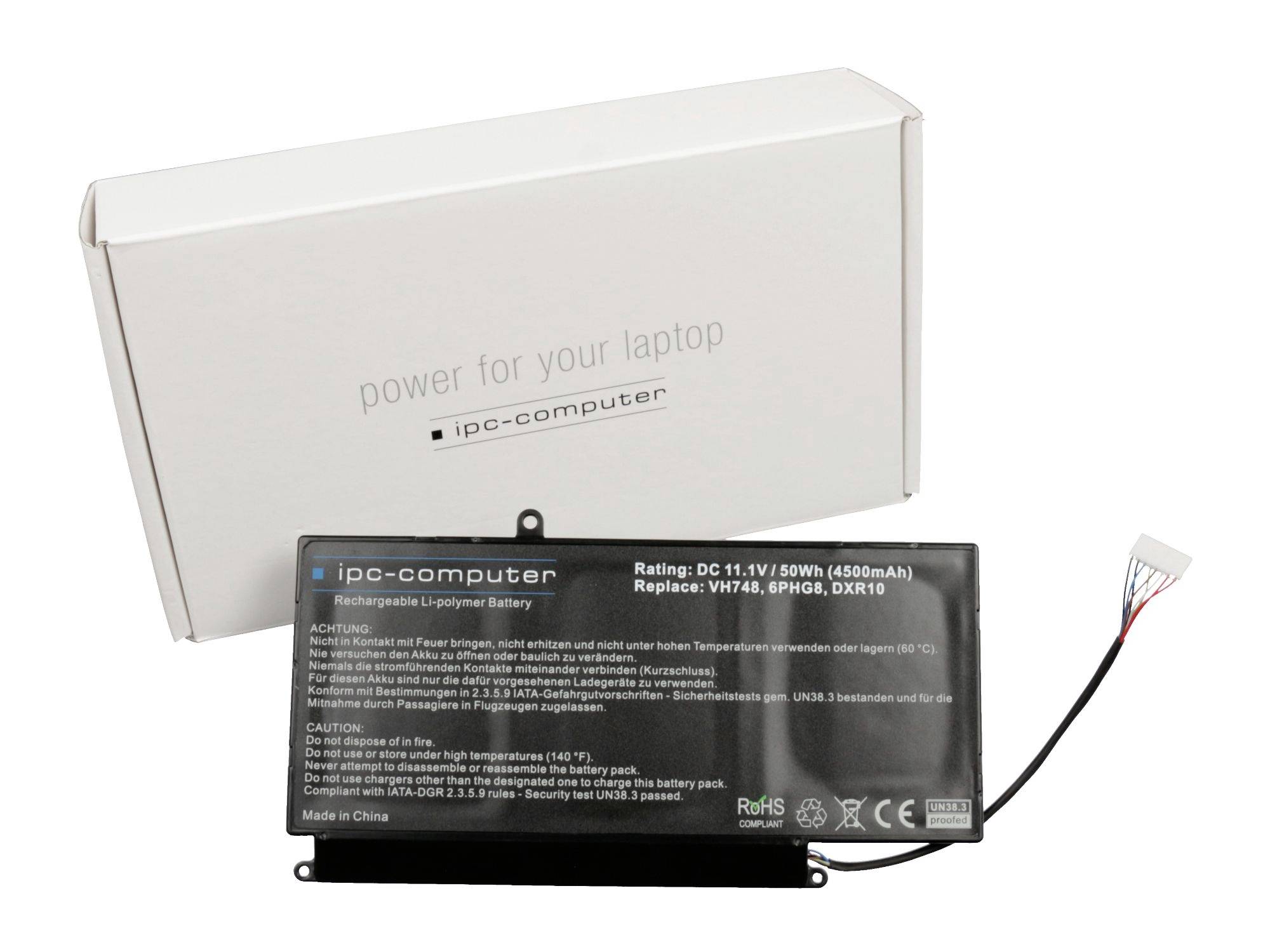 Laptop-Ersatzbatteriekit mit weißer Schachtel mit der Bezeichnung „Stromversorgung für Ihren Laptop" und schwarzem ipi-Computer-Batteriepack mit angeschlossenem Kabel.