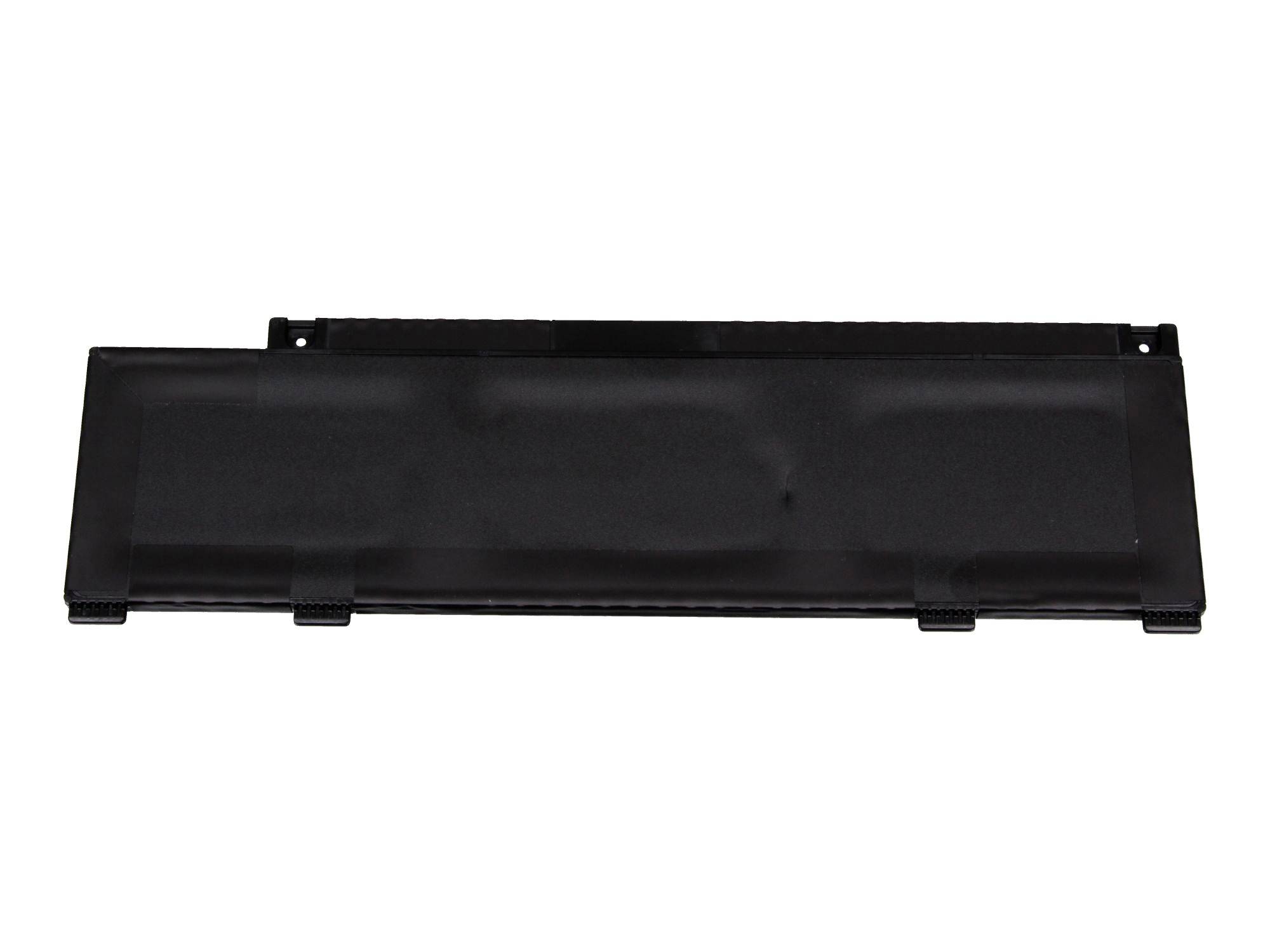 Schwarzes rechteckiges elektronisches Batteriepaket mit Befestigungslaschen, isoliert auf weißem Hintergrund dargestellt.