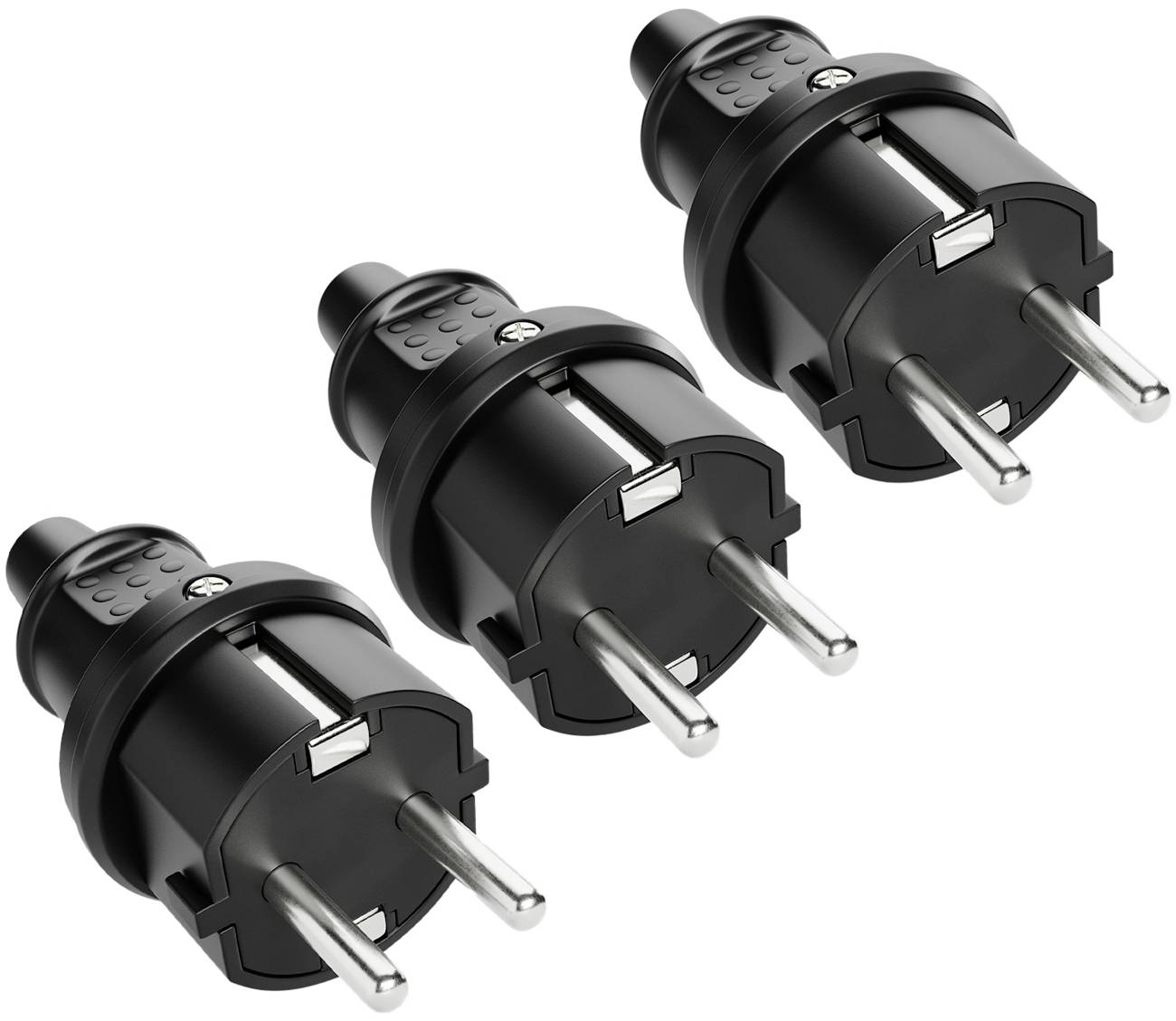 Drei schwarze europäische Stromstecker-Adapter auf weißem Hintergrund.