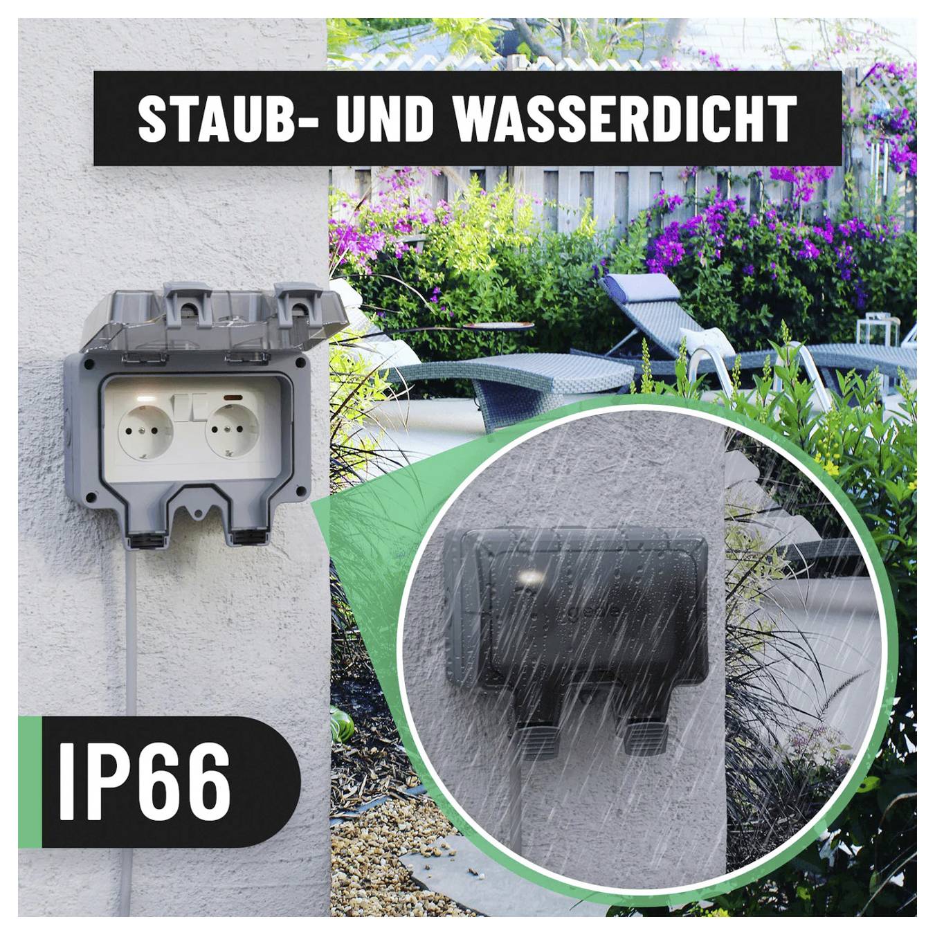 Outdoor-Steckdose mit der Bezeichnung „STAUB- UND WASSERDICHT" und „IP66", dargestellt als staub- und wasserdicht mit einer Nahaufnahme eines Regentests.