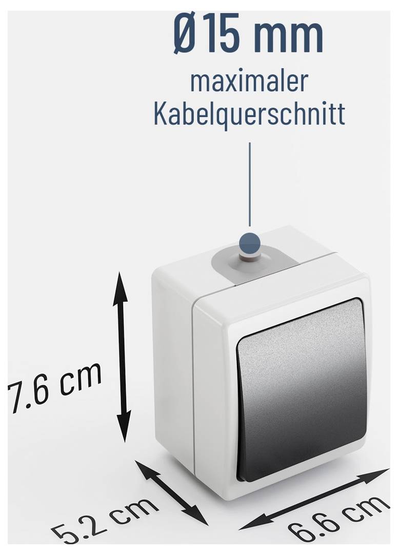Illustration einer weißen Wandschalter mit Abmessungen: 7,6 cm Höhe, 6,6 cm Breite, 5,2 cm Tiefe und maximaler Kabeldurchmesser Ø15 mm.