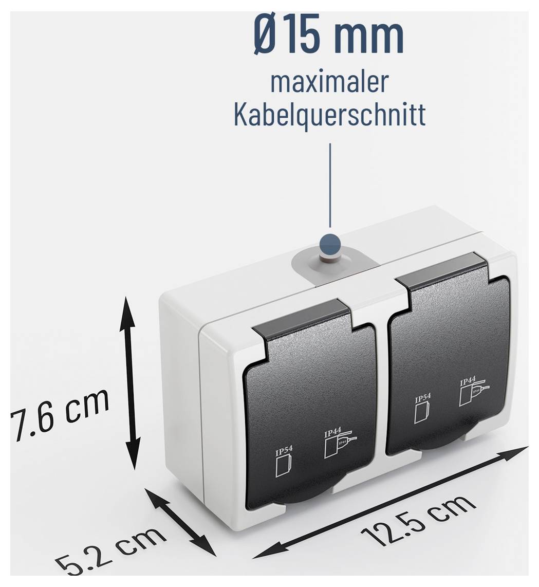 Diagramm einer doppelten Außensteckdose mit den Abmessungen 12,5 cm × 7,6 cm × 5,2 cm und maximaler Kabelquerschnitt Ø15 mm.