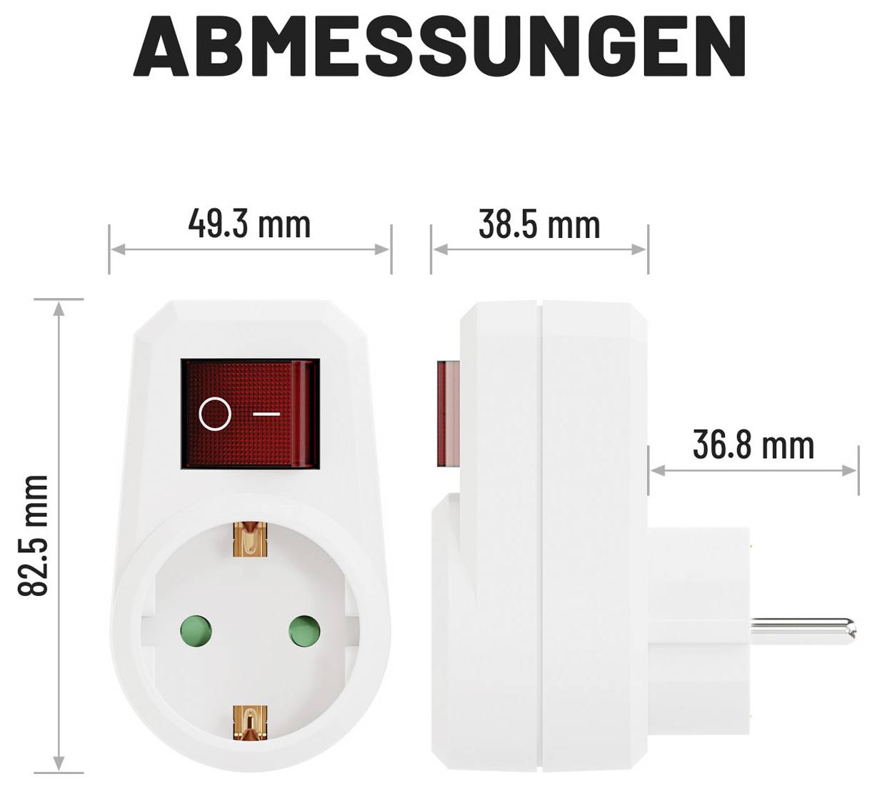 Abmessungsdiagramm eines Steckdosenadapters mit Messungen in Millimetern: 49,3 mm breit, 38,5 mm tief, 36,8 mm Seitentiefe und 82,5 mm hoch.