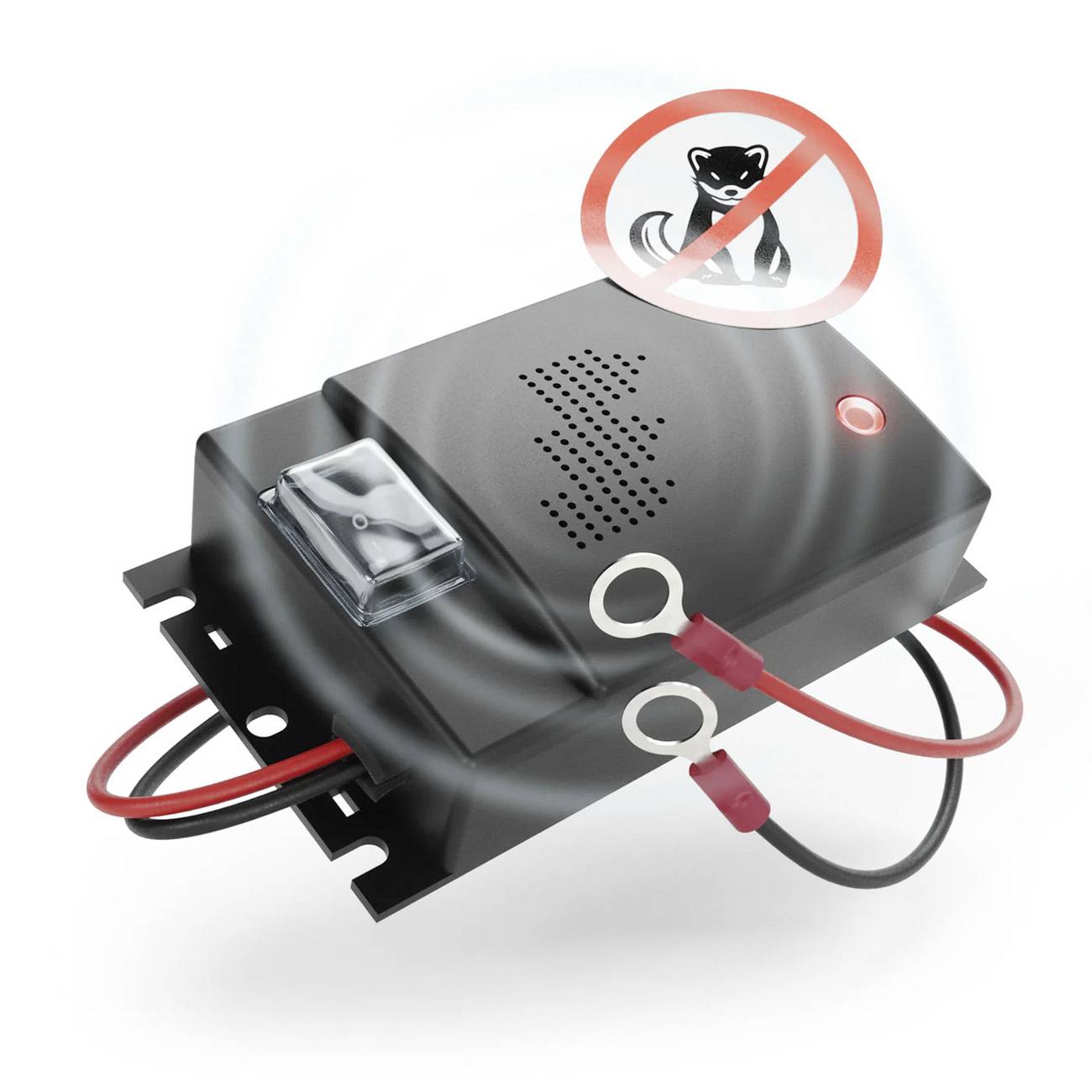 Schwarzes elektronisches Schädlingsabwehrgerät mit roter Anzeigelampe und Verkabelung, dargestellt mit durchgestrichenem Rattensymbol zur Angabe von Nagetierabschreckung.
