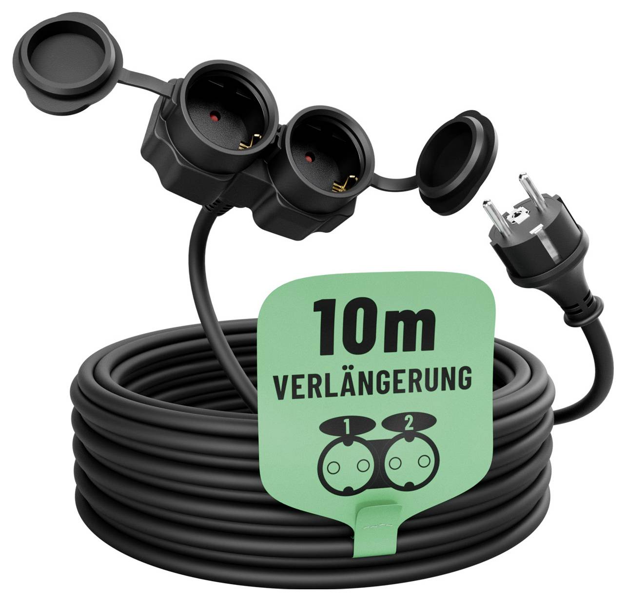 Aufgerolltes schwarzes Verlängerungskabel mit Dreifach-Steckdose und Stecker, beschriftet mit „10m VERLÄNGERUNG" für eine 10-Meter-Verlängerung.