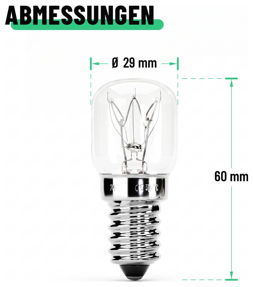 Produktdimensionsgrafik für eine kleine klare Schraubsockel-Glühbirne, mit der Bezeichnung 'ABMESSUNGEN', zeigt 29 mm Breite und 60 mm Höhe.