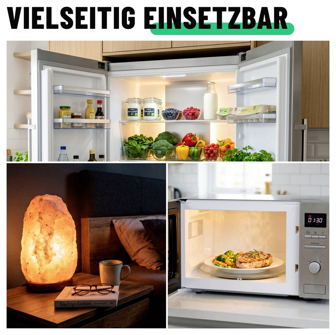 Collage aus einem Kühlschrank, leuchtender Salzlampe und Mikrowellen-Fertiggericht unter der Überschrift „VIELSEITIG EINSETZBAR" („vielseitig einsetzbar")