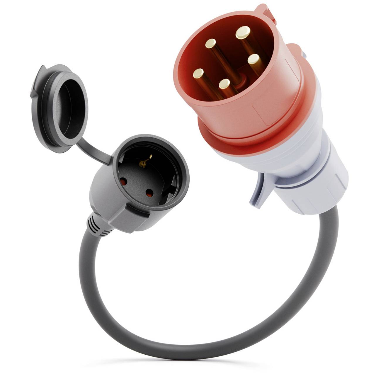 Roter Industrie-Stecker mit fünf Stiften und angeschlossenem Kabel, gezeigt mit einer schwarzen Steckerdose und einem grauen Verbinder auf weißem Hintergrund.