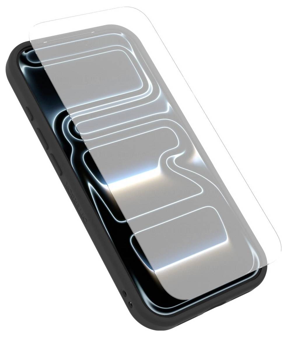 Ein Smartphone, das in einem Winkel gezeigt wird, mit einer transparenten Schutzfolie oder einem Schutzfilm, der teilweise über dem Display abgelöst ist.