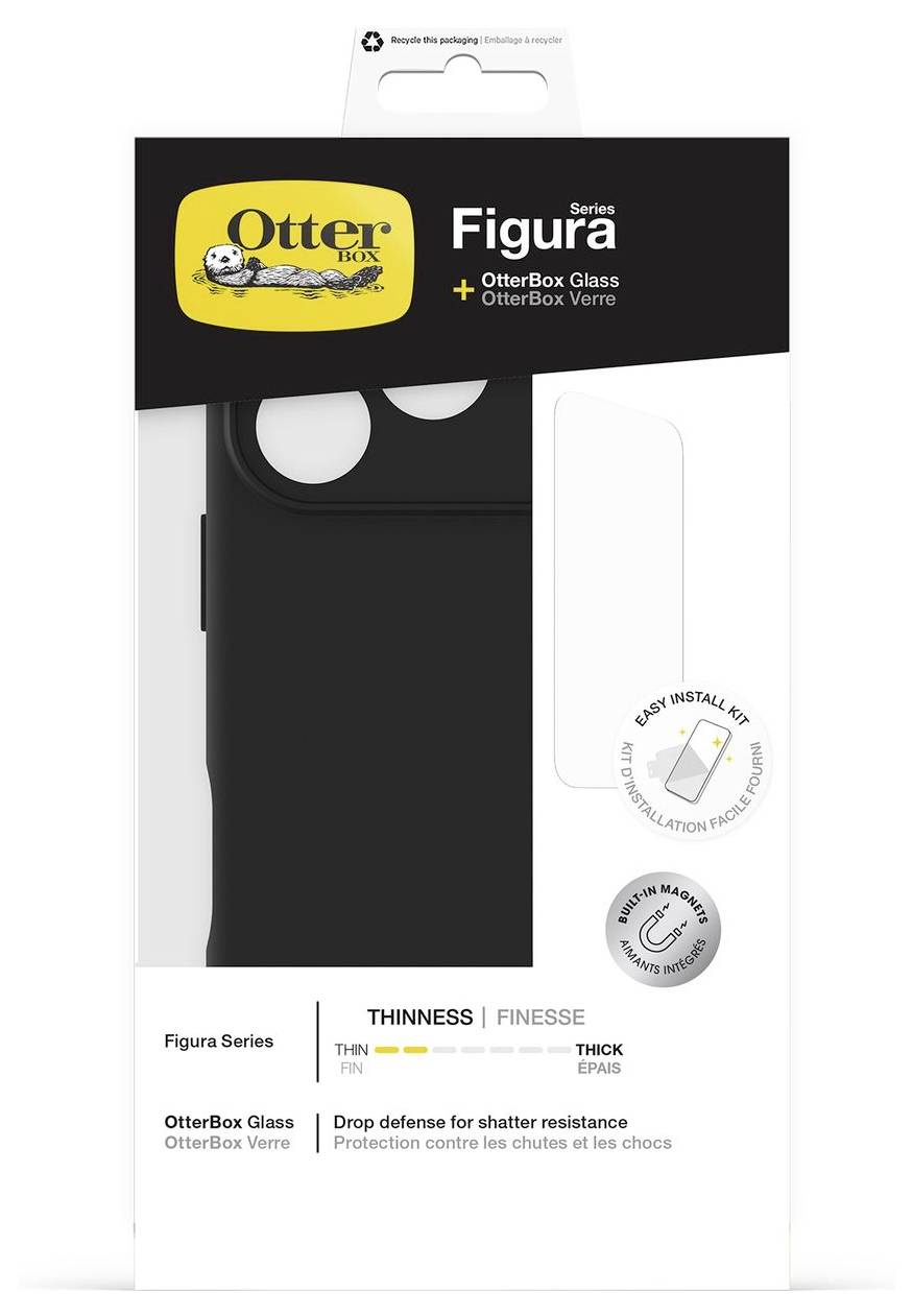 OtterBox Figura Series Handyhüllen-Verpackung mit einem schwarzen Gehäuse mit den Bezeichnungen „OtterBox Glass" und „Easy Install Kit".