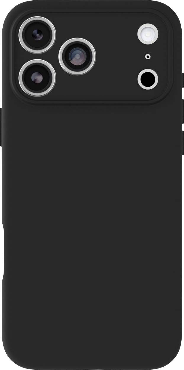 Schwarze Smartphone-Hülle mit drei großen hinteren Kameraausschnitten und Blitzöffnungen, von hinten gezeigt.