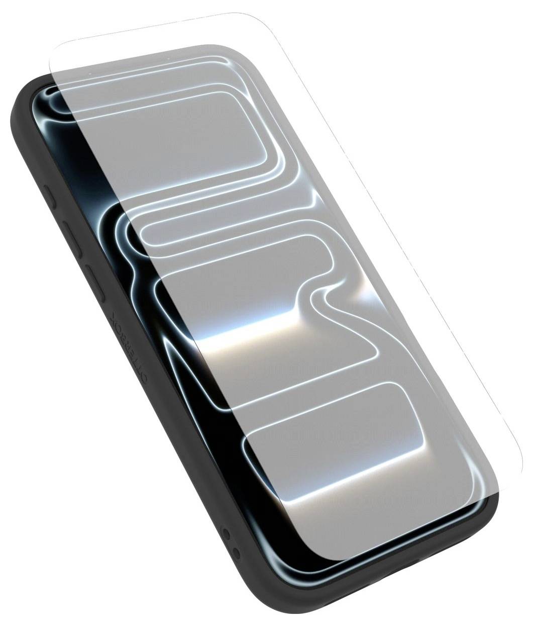 3D-gerendertes Smartphone mit einer transparenten Displayschutzfolie oder einem durchsichtigen Gehäuse, aus einem Winkel dargestellt mit leuchtenden blauen Displaylinien.