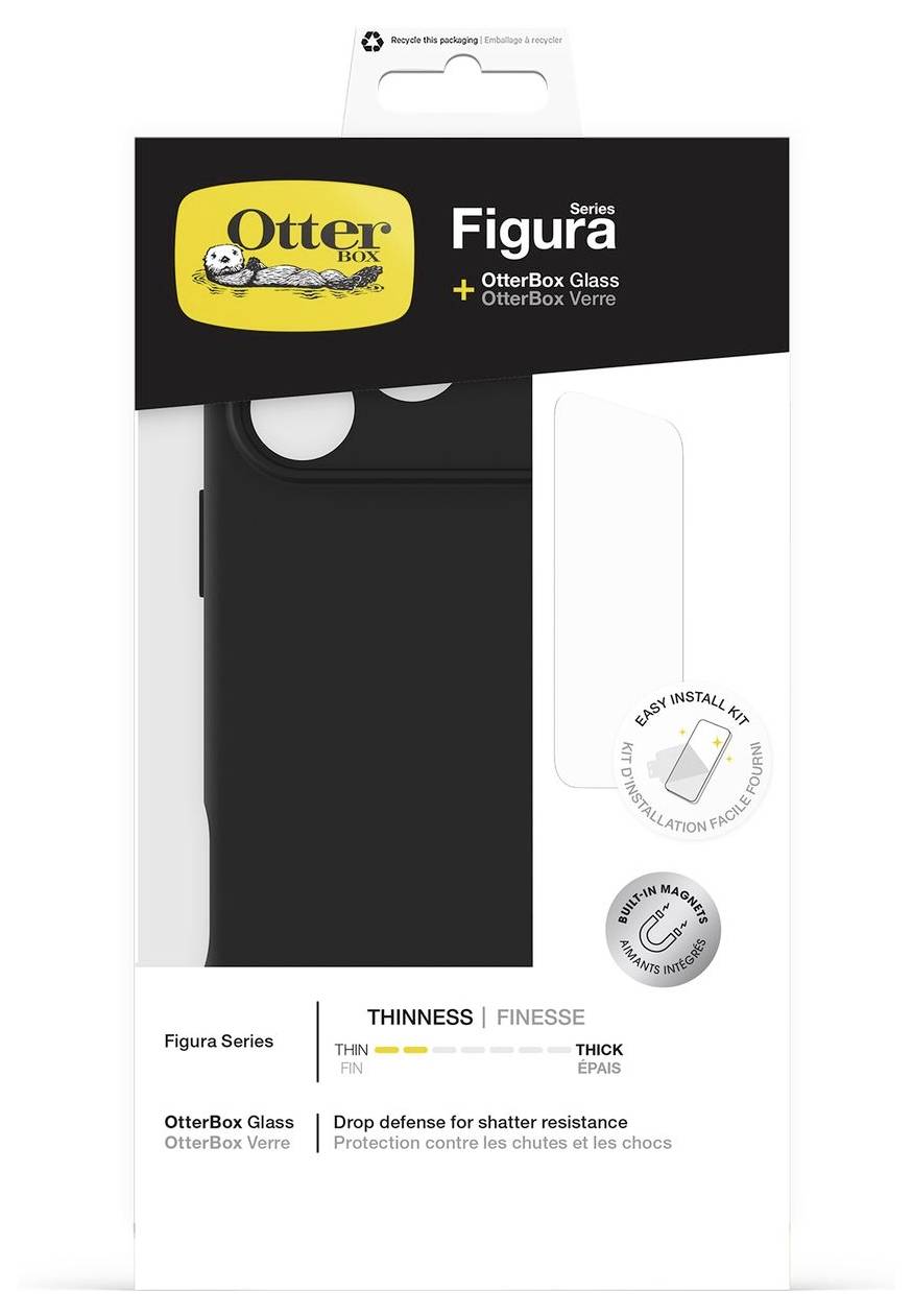 OtterBox Figura Series Handyhülle Verpackung in Schwarz und Weiß, zeigt "OtterBox Glass" und "Easy Install Kit" für iPhone-Schutz.