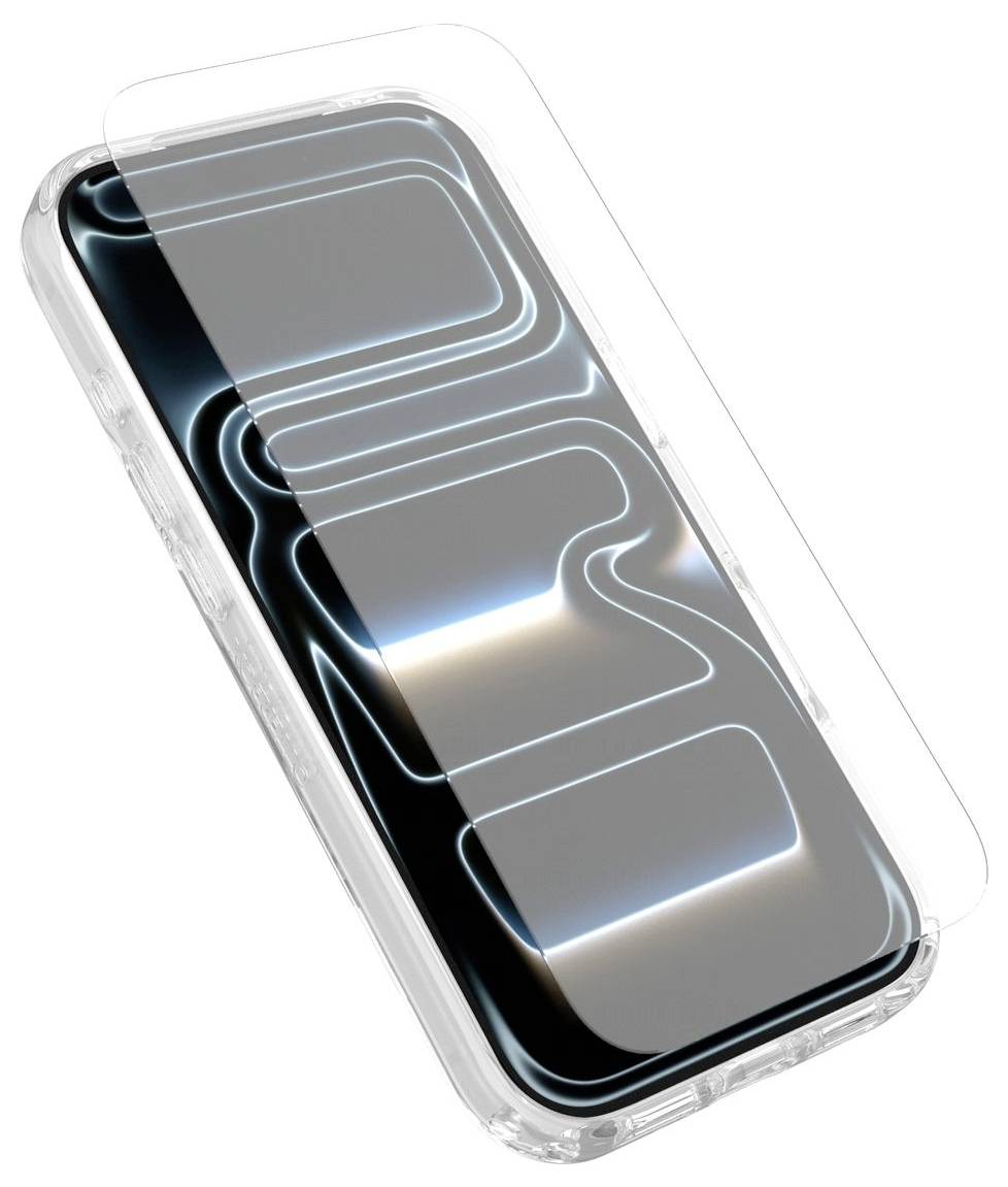 Transparente Schutzhülle für Smartphones mit glänzendem schwarzem Telefon im Inneren, in einer Winkelansicht vor weißem Hintergrund dargestellt.