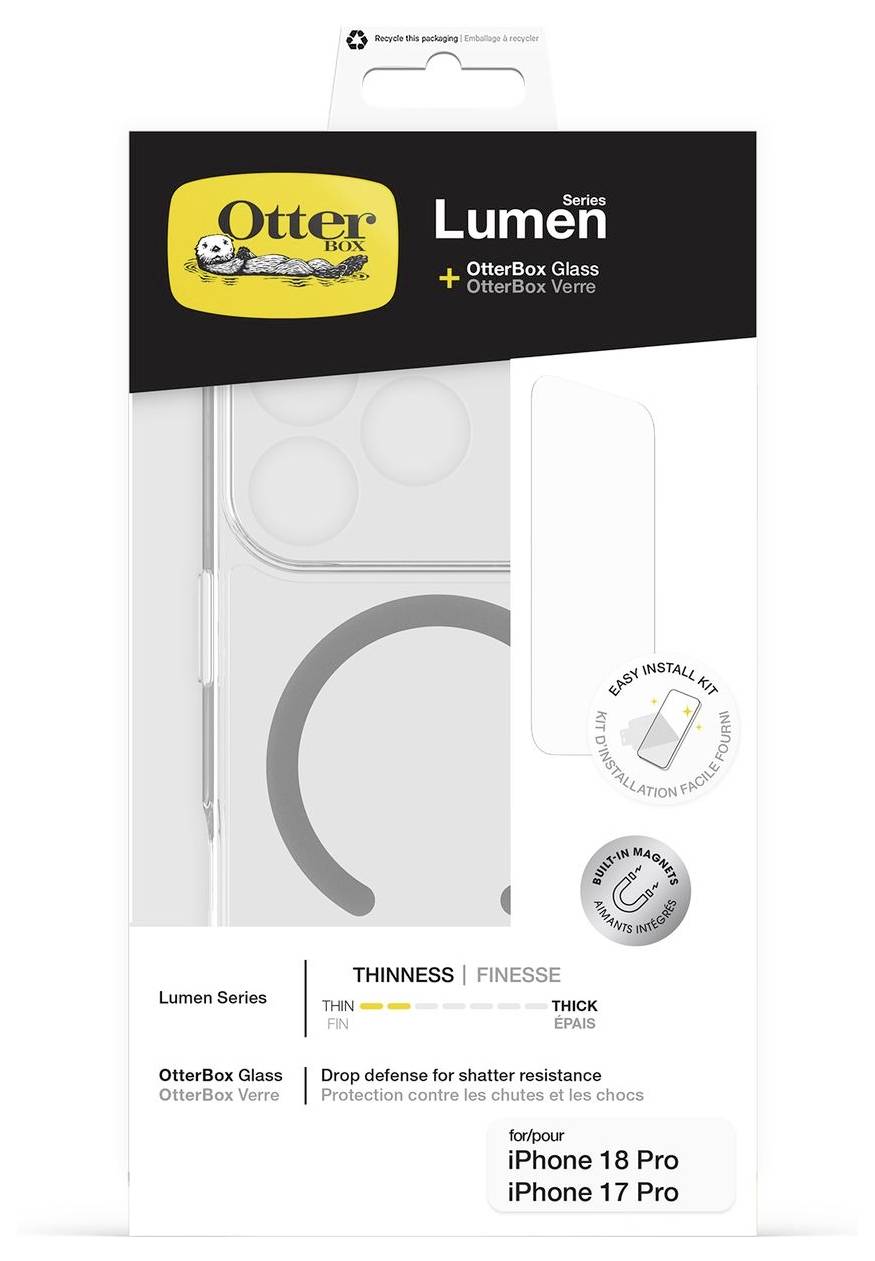 OtterBox Lumen Series durchsichtige Handyhülle Verpackung für iPhone 18 Pro und iPhone 17 Pro, mit dünnem Design, Fallschutz und einfachen Installationsfunktionen.