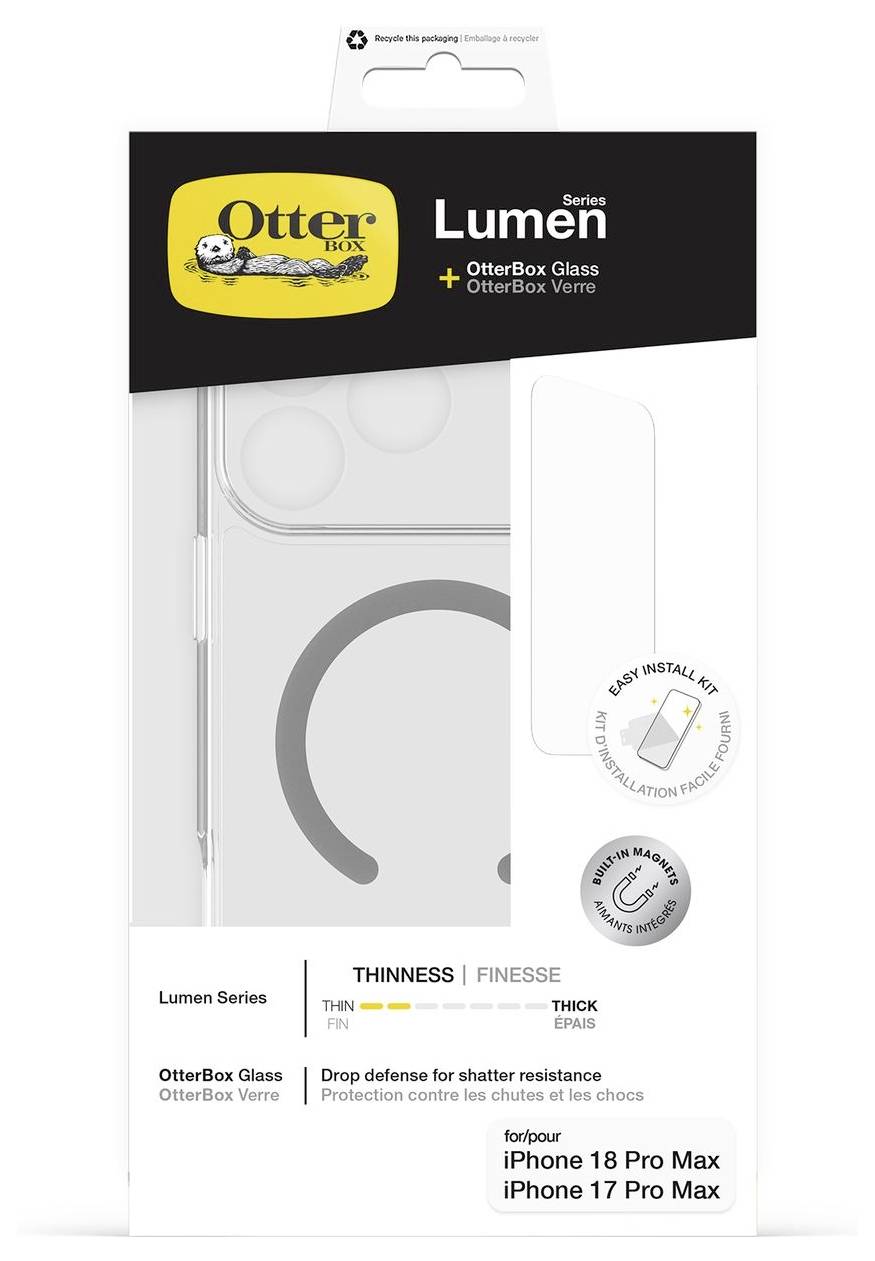 OtterBox Lumen Series Schutzhülle für iPhone 18 Pro Max und iPhone 17 Pro Max mit „OtterBox Glass" und „OtterBox Verre", die Dünnheit und Sturzfestigkeit bietet.