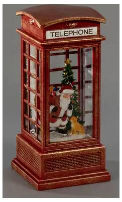 Miniatur-Telefonzelle in Rot mit "TELEPHONE"-Schild, mit Weihnachtsmann und Weihnachtsbaum innen.