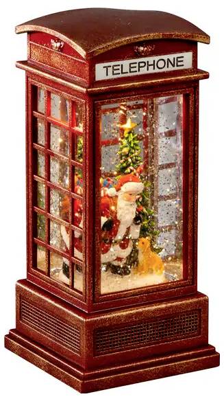 Weihnachtslaterne in Form einer roten Telefonzelle mit einer Weihnachtsmannfigur und einem geschmückten Baum im Inneren, beleuchtet wie eine festliche Ausstellung.