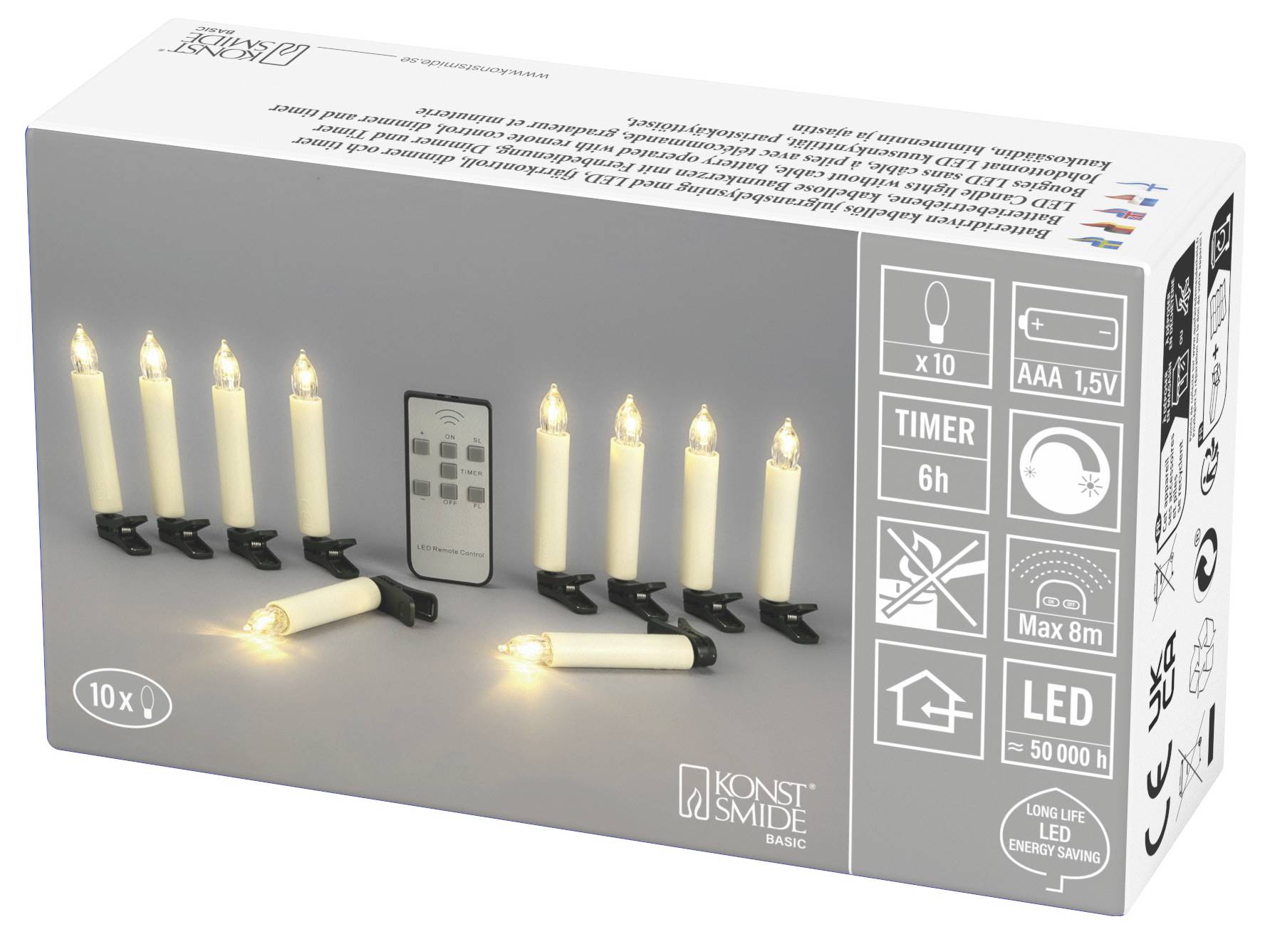 Zehnteiliges Set LED-Kerzenlichter mit Fernbedienung, Timer, batteriebetriebene Kerzen, auf der Verpackung leuchtend abgebildet