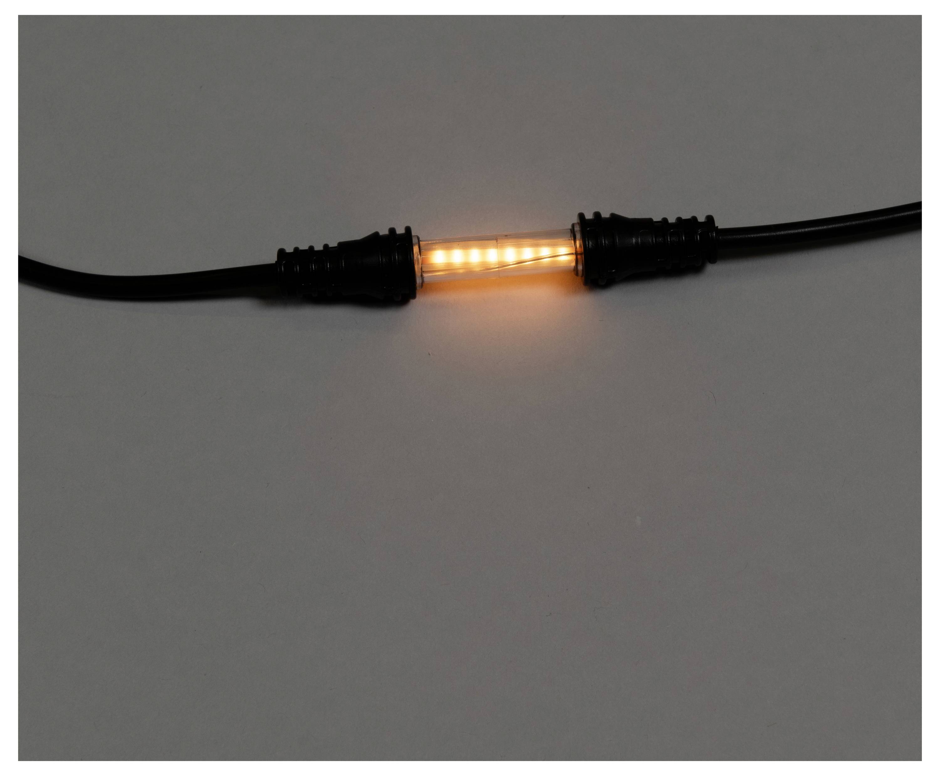 Schwarzes Kabel mit einem leuchtenden orangefarbenen LED-Abschnitt in der Mitte, das einen beleuchteten Inline-Stecker auf einfachem grauem Hintergrund zeigt