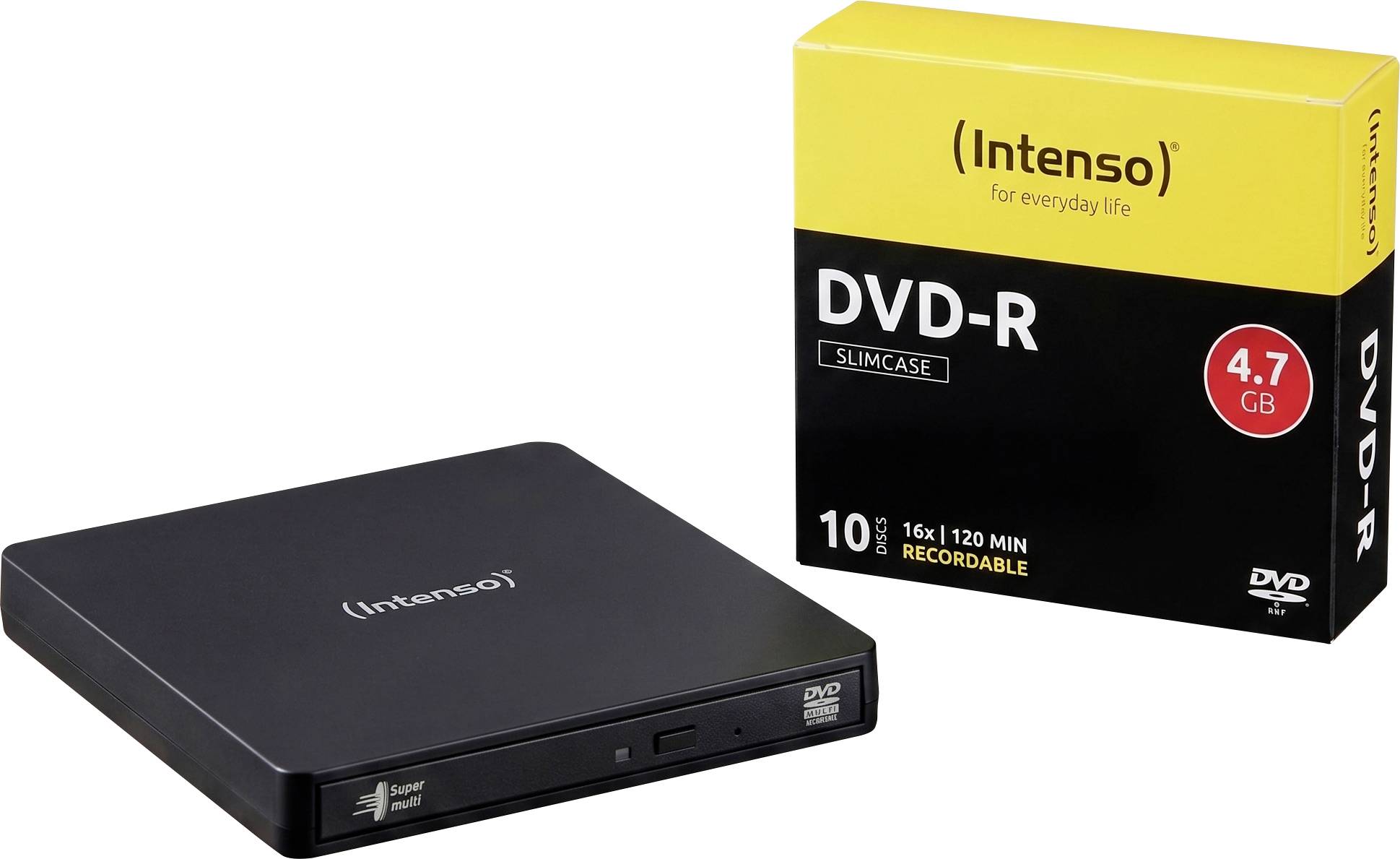 Schwarzes externes DVD-R Slimcase Laufwerk mit einer Intenso 4,7 GB DVD-R 10er Pack Box daneben auf weißem Hintergrund.