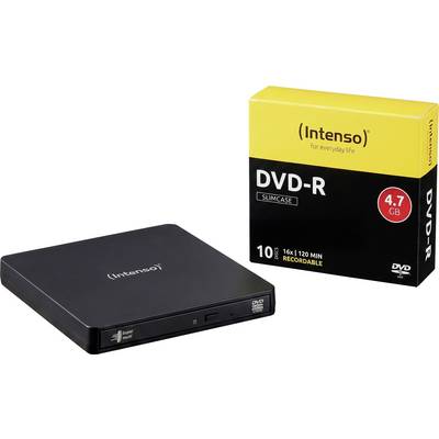 Schwarzes externes DVD-R Slimcase Laufwerk mit einer Intenso 4,7 GB DVD-R 10er Pack Box daneben auf weißem Hintergrund.
