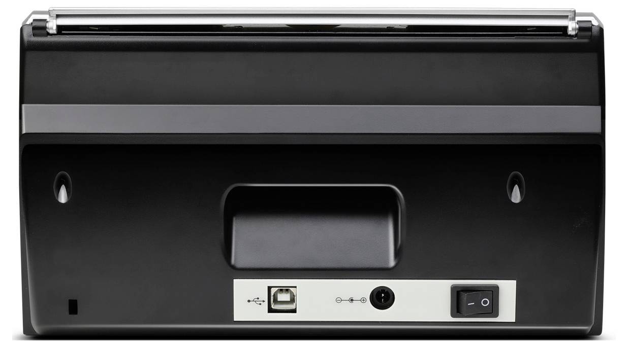 Rückansicht eines schwarzen elektronischen Geräts mit Griff, die einen USB-Anschluss, eine Stromversorgungsbuchse und einen Ein-/Aus-Schalter auf der Rückwand zeigt.