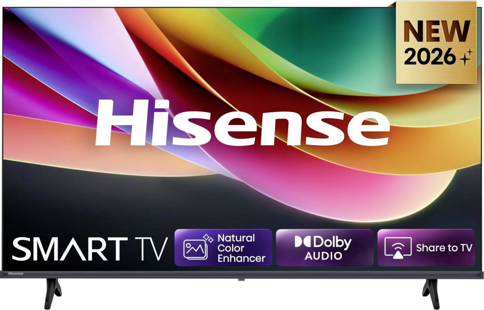 Hisense Smart TV mit farbenfrohem abstraktem Display, beschriftet mit „NEW 2026", „Natural Color Enhancer", „Dolby Audio" und „Share to TV".
