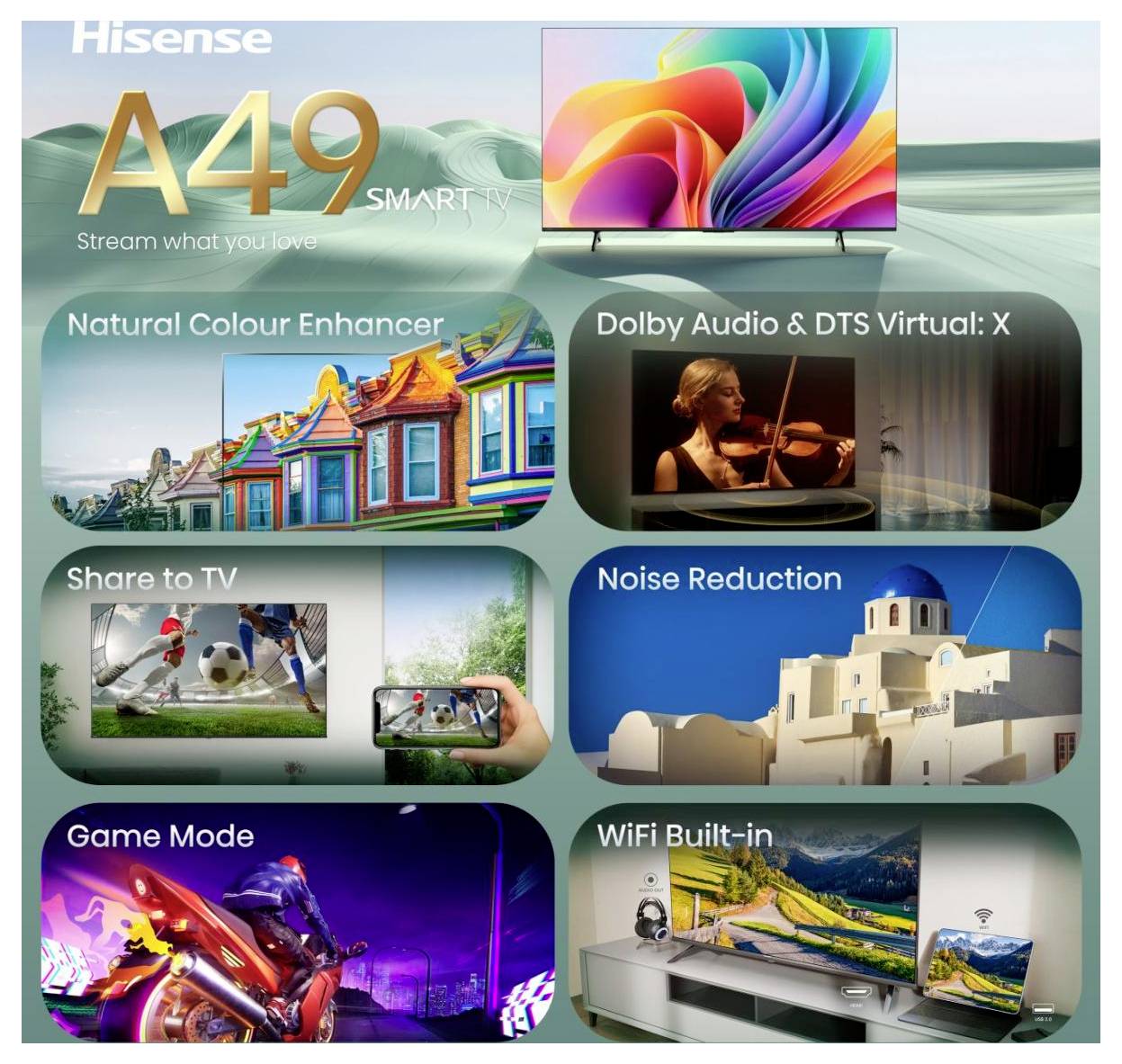Hisense A49 Smart TV Anzeige mit folgenden Funktionen: Natural Colour Enhancer, Dolby Audio und DTS Virtual X, Share to TV, Rauschunterdrückung, Spielmodus und integriertes WiFi.