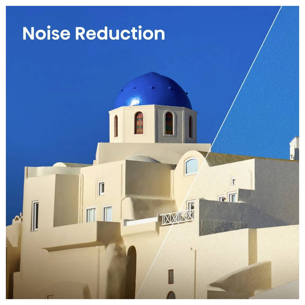 Weiße Gebäude im Santorini-Stil mit einer blauen Kuppel unter klarem Himmel, beschriftet mit „Lärmreduzierung", zeigt einen ruhigeren Vorher-Nachher-Vergleich.