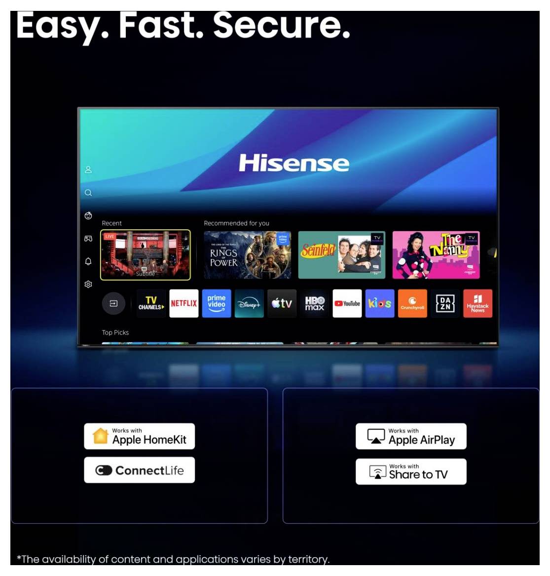 Hisense Smart-TV-Oberfläche mit der Schlagzeile „Einfach. Schnell. Sicher." und Support-Abzeichen für Apple HomeKit, Apple AirPlay, ConnectLife und Share to TV.