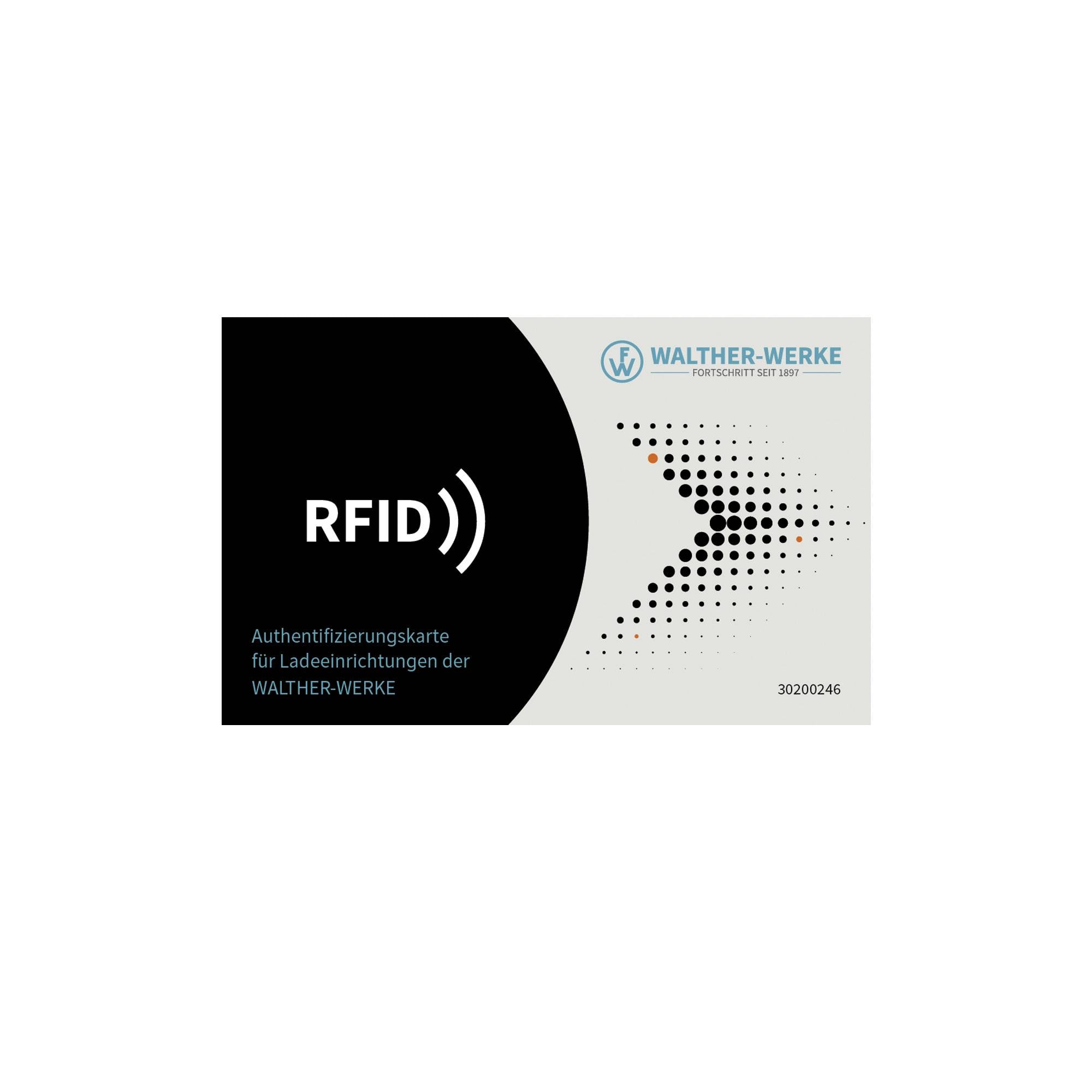 RFID-Authentifizierungskarte für WALTER-WERKE Ladestationen, mit Logo und gepunkteter Pfeildesign.