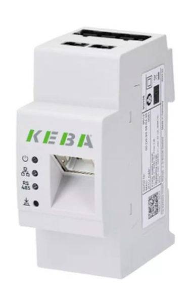 Weißes KEBA DIN-Schienen-Elektromodul mit Ethernet-ähnlichem Anschluss und Status-LEDs, vor neutralem Hintergrund dargestellt.
