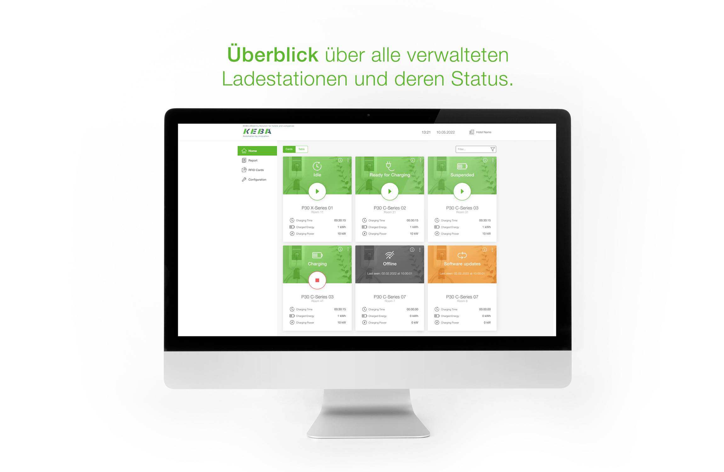 Computer-Monitor mit einem Web-Dashboard für verwaltete Ladestationen, mit einem Raster von Status-Kacheln überwiegend grün plus einige orange und grau, unter der deutschen Überschrift „Überblick über alle verwalteten Ladestationen und deren Status."