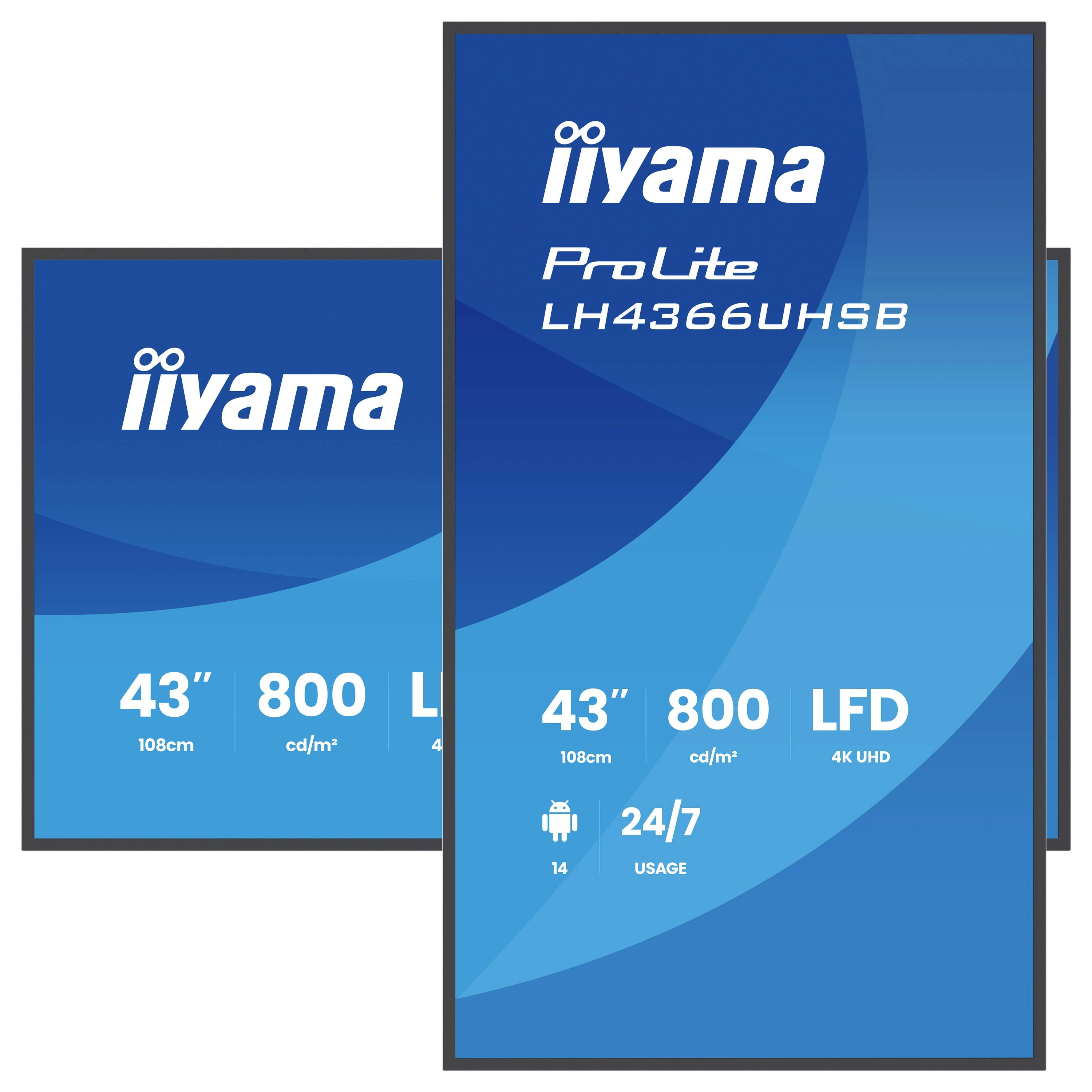 Zwei überlappende Iiyama ProLite Display-Produktboxen, vordere Box mit der Bezeichnung „ProLite LH436UHSB" mit 43", 800 cd/m², 24/7-Nutzung und Android 14-Symbolen.