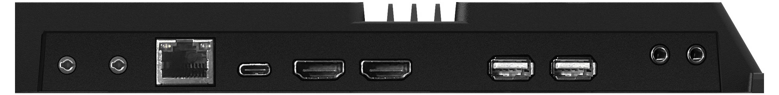 Frontansicht eines schwarzen AV-Geräts mit einer Reihe von Anschlüssen: Ethernet, USB-C, drei HDMI-ähnliche Eingänge, zwei USB-Anschlüsse und zwei runde Buchsen.