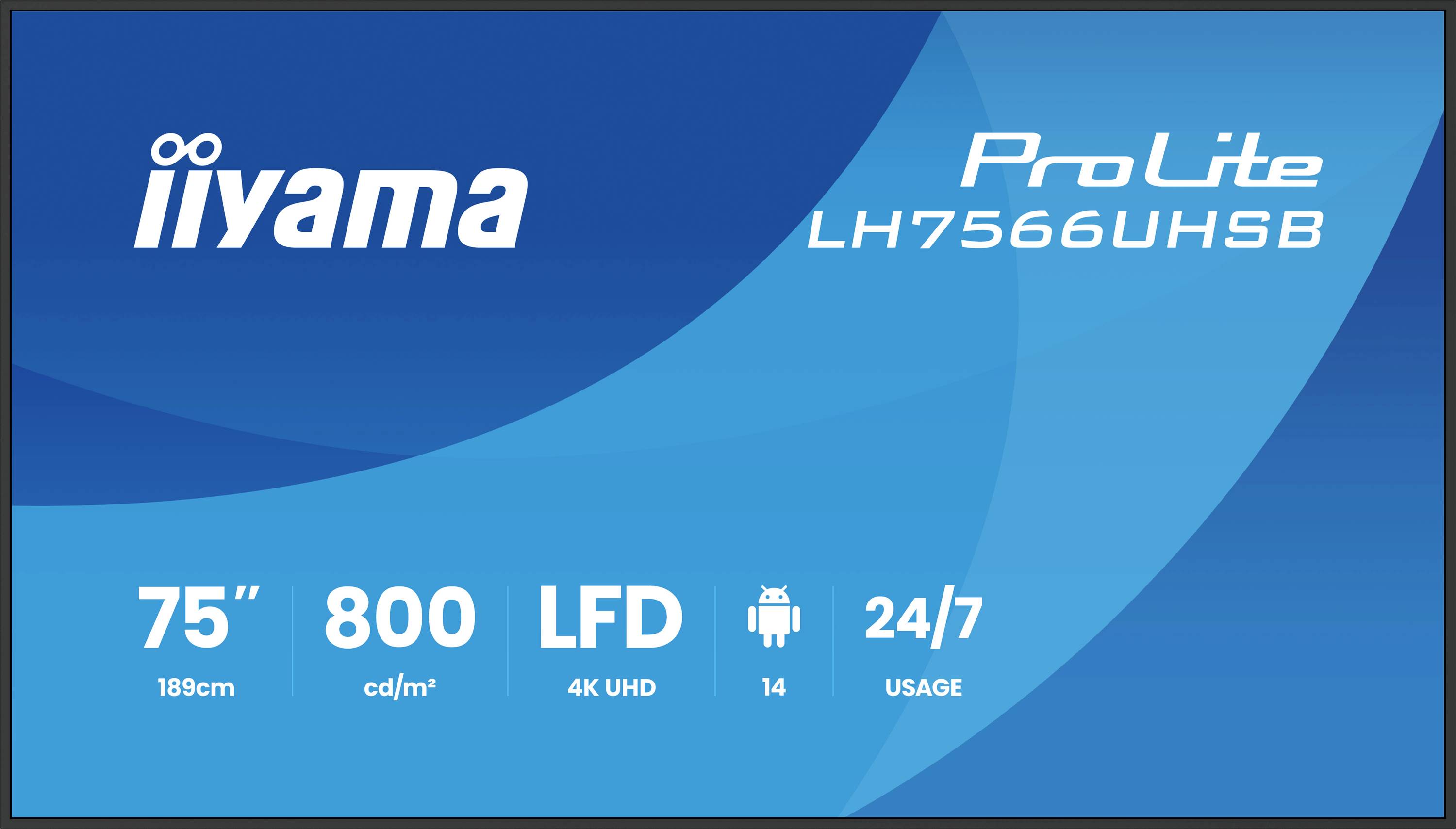 Iiyama ProLite LH7560UHSB-Anzeigetafel mit 75-Zoll-Bezeichnung, 800 cd/m² LED 4K UHD, Android 14 und 24/7-Nutzung.