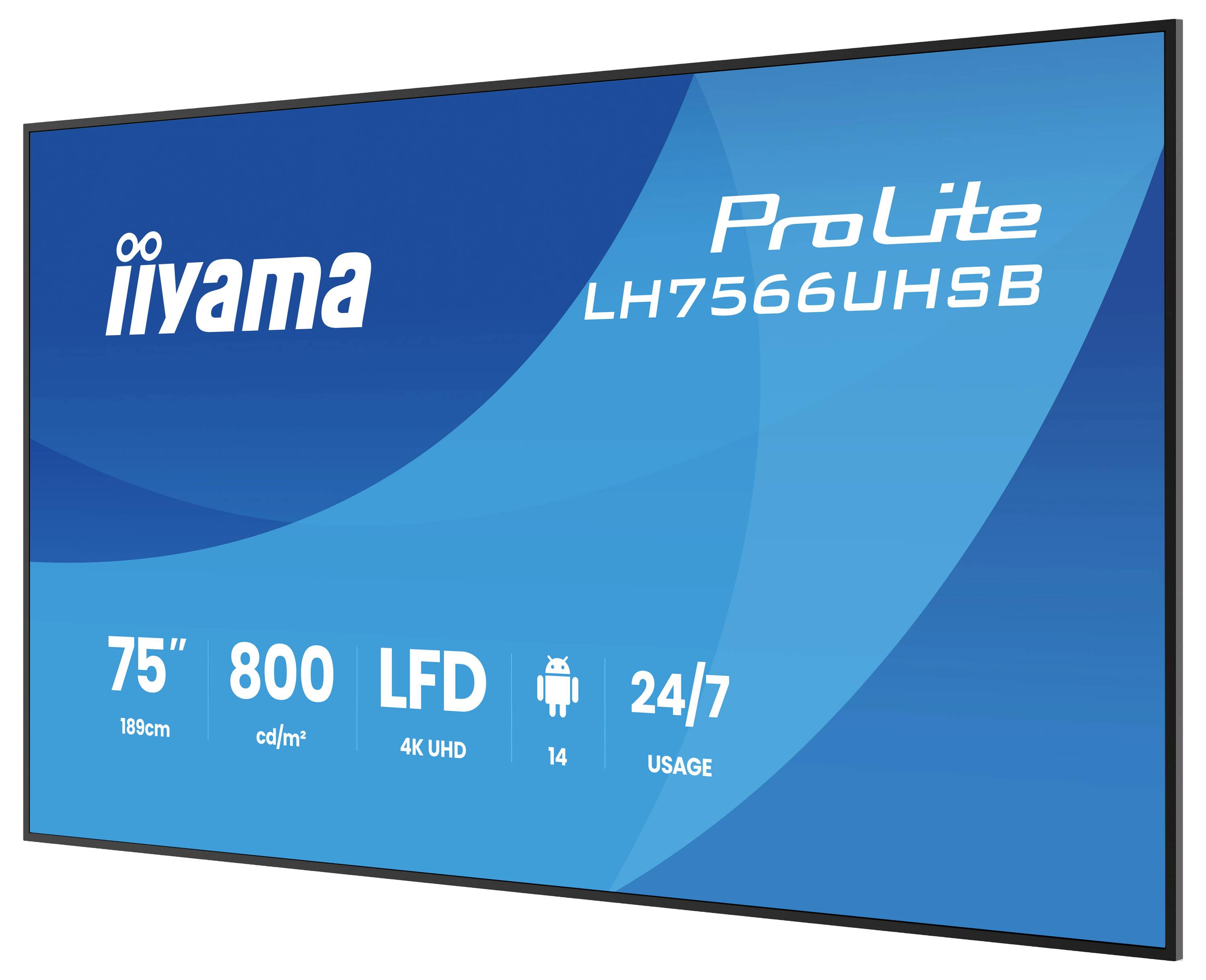 Iiyama ProLite LH7566UHSB 75-Zoll 4K UHD-Display, 800 cd/m² Helligkeit, 24/7-Nutzung, Android 14-Unterstützung.