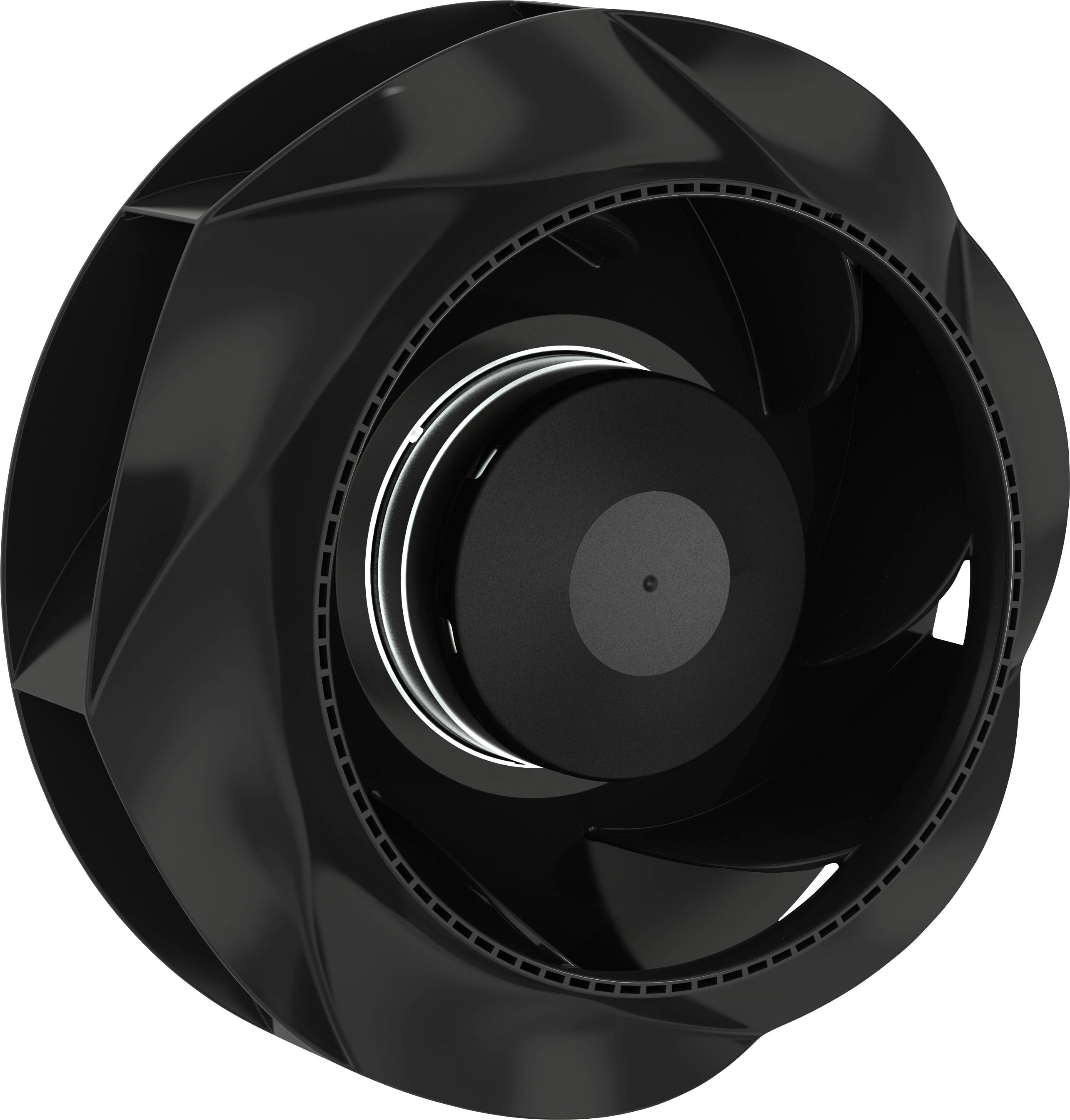 Nahaufnahme eines schwarzen kreisförmigen Industrielüfters oder Laufrades mit einer zentralen Nabe und gekrümmten Schaufeln auf weißem Hintergrund.