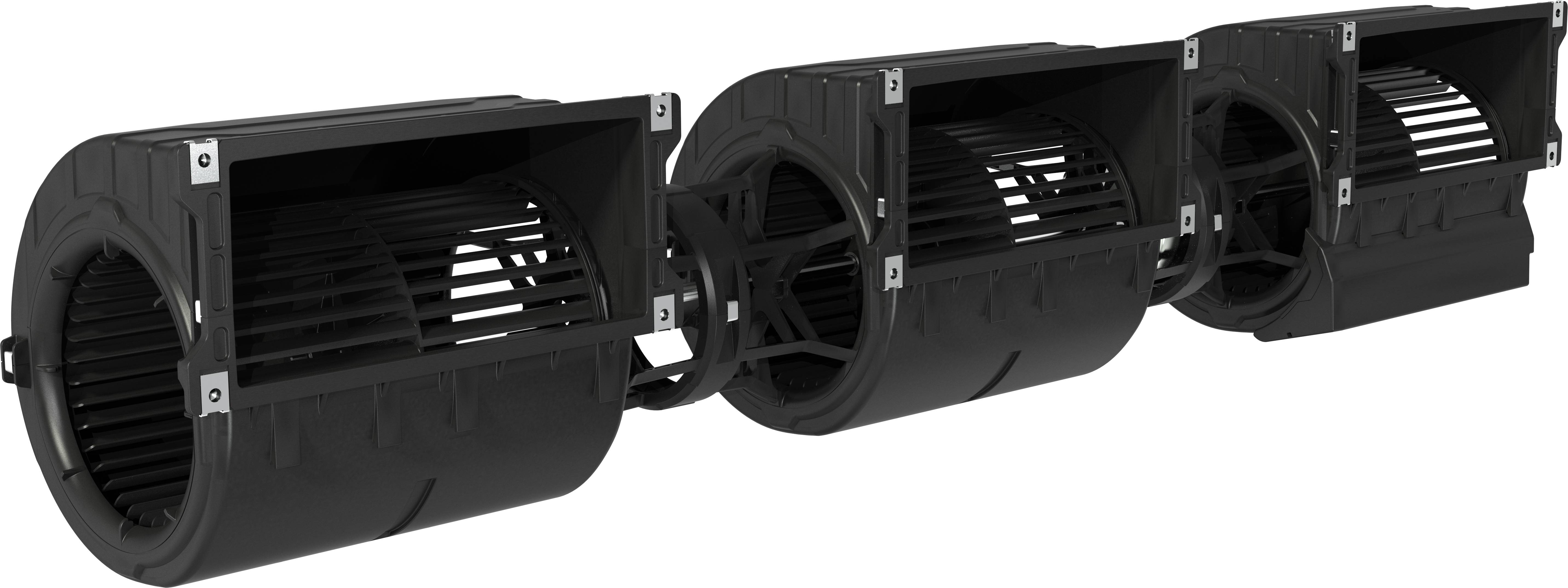 Schwarzer Kunststoff-Lüftungskanal mit zylindrischer Form, mehreren ventilatorähnlichen Abschnitten und geschlitzten Gittern, dargestellt in einem technischen Produktstil-Bild.