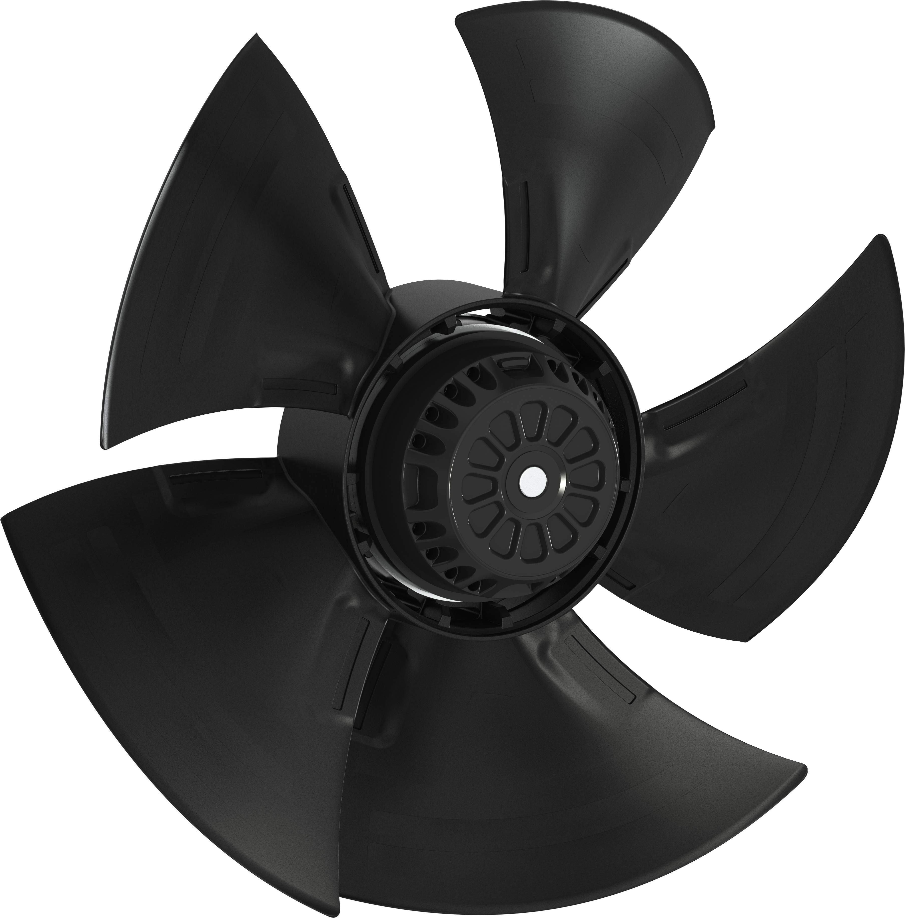 Schwarzer fünfblättriger Ventilator oder Propeller in Frontalansicht auf weißem Hintergrund.