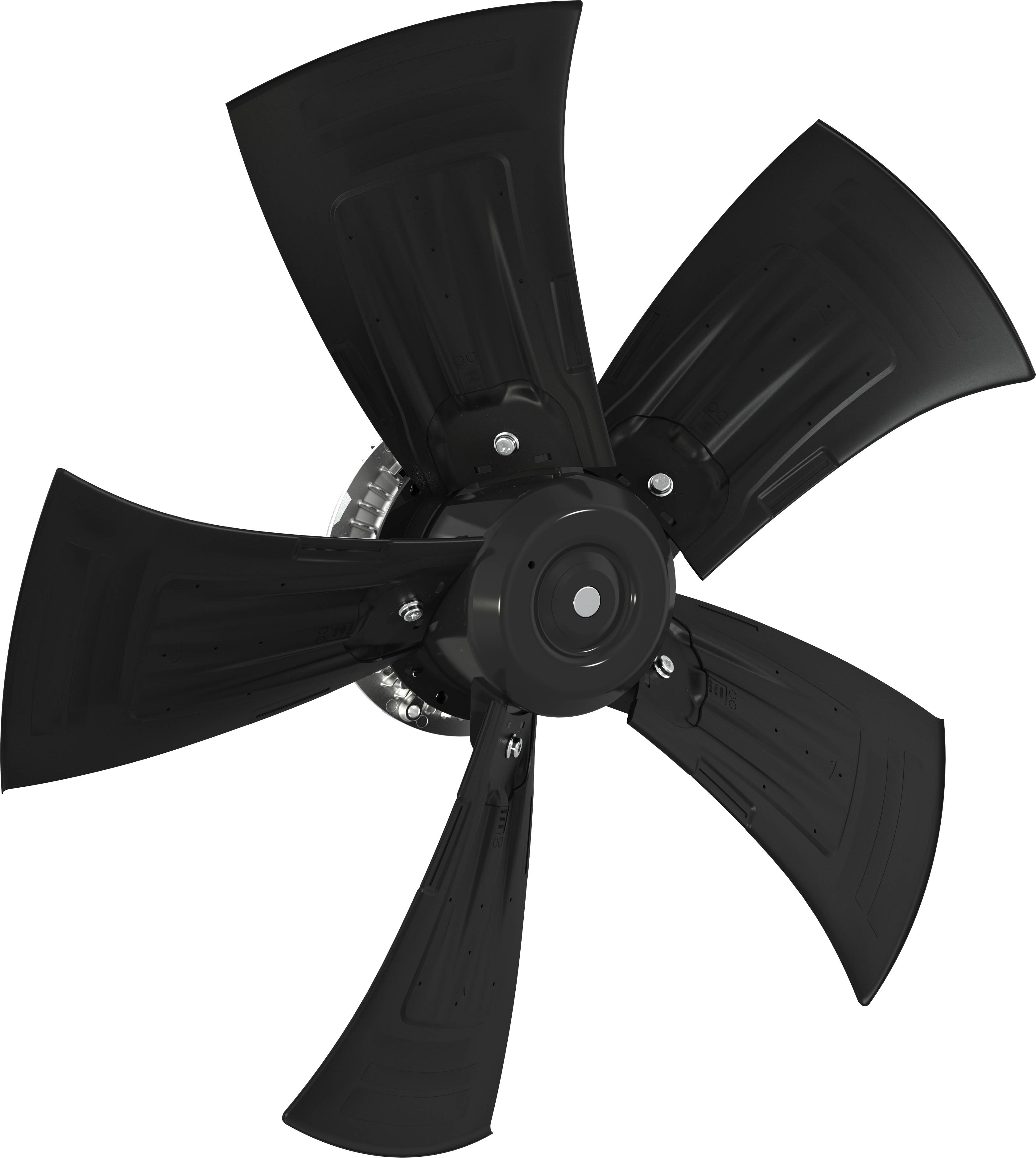 Schwarzer fünfblättriger Axialventilator oder Propeller von vorne auf weißem Hintergrund.