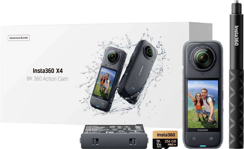 Produktbild für das Insta360 X4 8K 360 Action Cam Abenteuer-Bundle, das die Kamera, wasserdichte Spritzwirkung, Tragekoffer, Speicherkarte und Selfie-Stick zeigt.