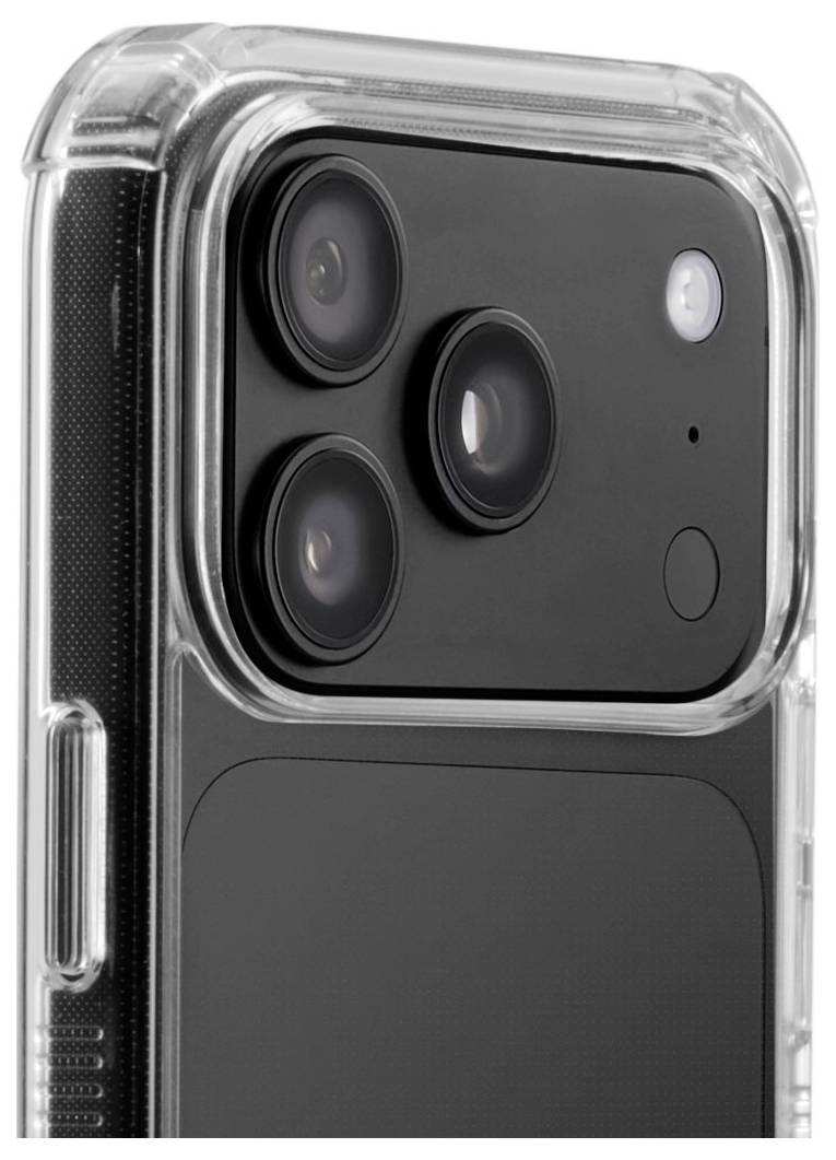 Nahaufnahme der Rückseite eines Smartphones in einer transparenten Schutzhülle, die drei rückseitige Kameras und einen Blitz zeigt.