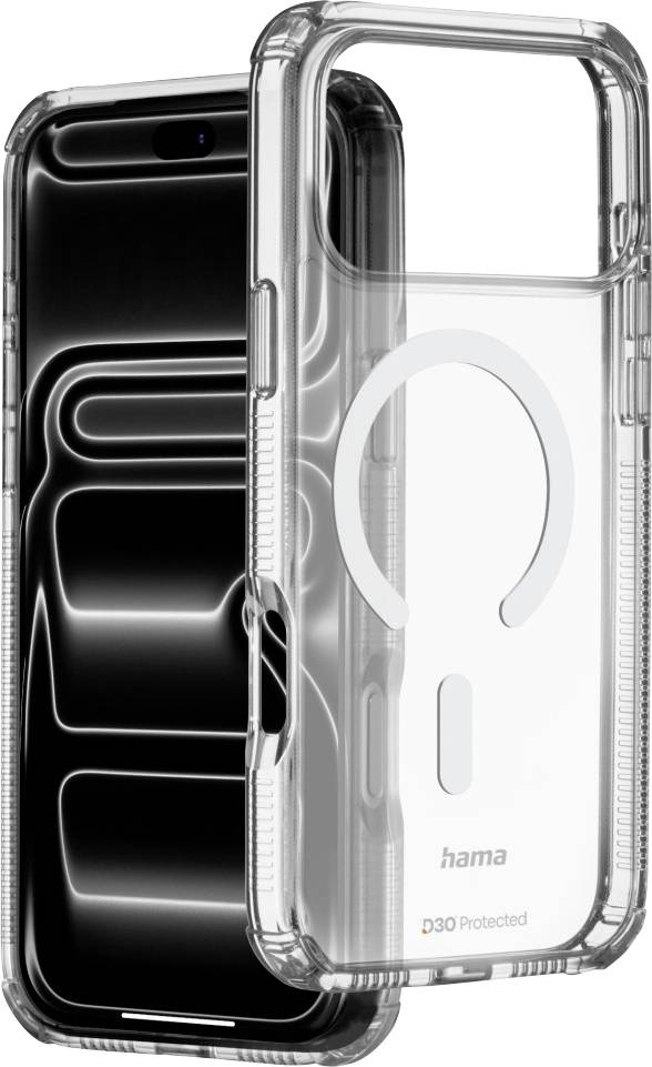 Zwei nebeneinander abgebildete Smartphones, eines schwarz mit reflektivem Bildschirm und eines in einer durchsichtigen Schutzhülle mit der Beschriftung "hama" und "D30 Protected".