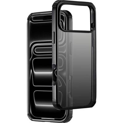 Schwarze Smartphone-Schutzhülle mit erhöhter, transparenter Kameraabdeckung, geöffnet vor der Rückseite der Hülle dargestellt.