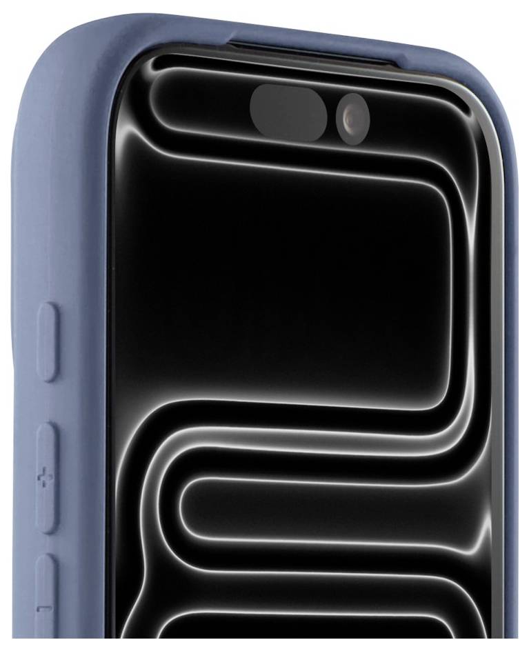 Nahaufnahme eines blauen Smartphones mit schwarzem Bildschirm, das ein leuchtendes abstraktes Wellenmuster und Frontkamera-Aussparungen oben anzeigt.